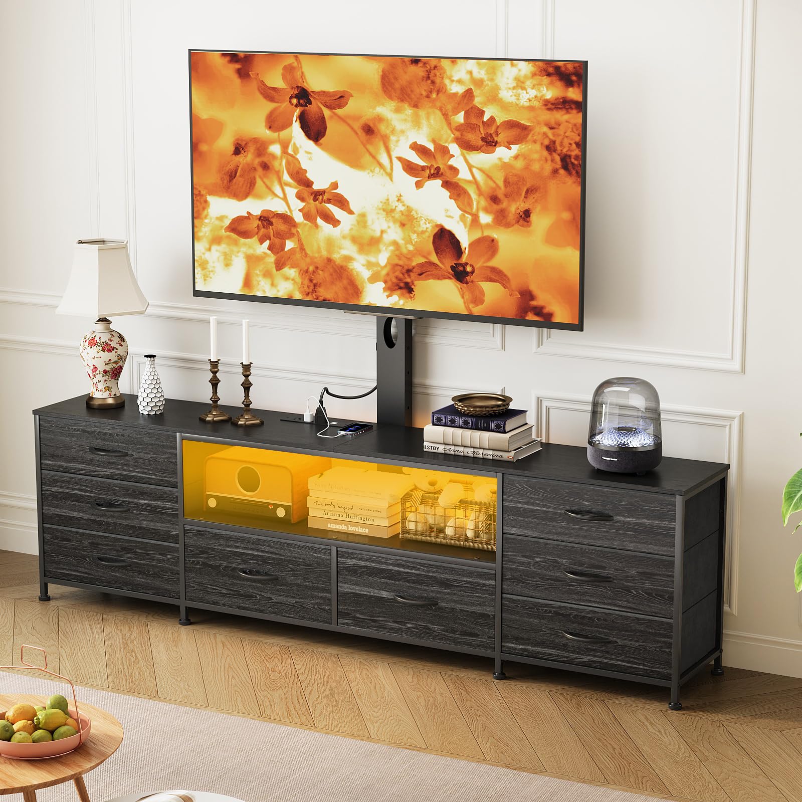 Welfuturer 70.8" W TV Stand with Mount and Power Outlet for 65/70/75/80 Inch TV, Farmhouse Entertainment Center with 8 Fabric Drawers, LED Lights and Open Storage Shelves for Living Room