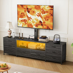 Welfuturer 70.8" W TV Stand with Mount and Power Outlet for 65/70/75/80 Inch TV, Farmhouse Entertainment Center with 8 Fabric Drawers, LED Lights and Open Storage Shelves for Living Room