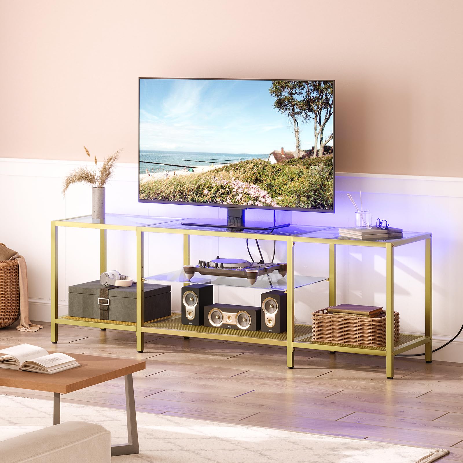 HOOBRO TV Stand with LED Lights and Power Outlets for TVs up to 75", Modern 70.9 Inch Tempered Glass TV Console Table with Open Shelves, Media Entertainment Center for Living Room, Gold GD185UDS01