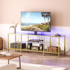 HOOBRO TV Stand with LED Lights and Power Outlets for TVs up to 75", Modern 70.9 Inch Tempered Glass TV Console Table with Open Shelves, Media Entertainment Center for Living Room, Gold GD185UDS01