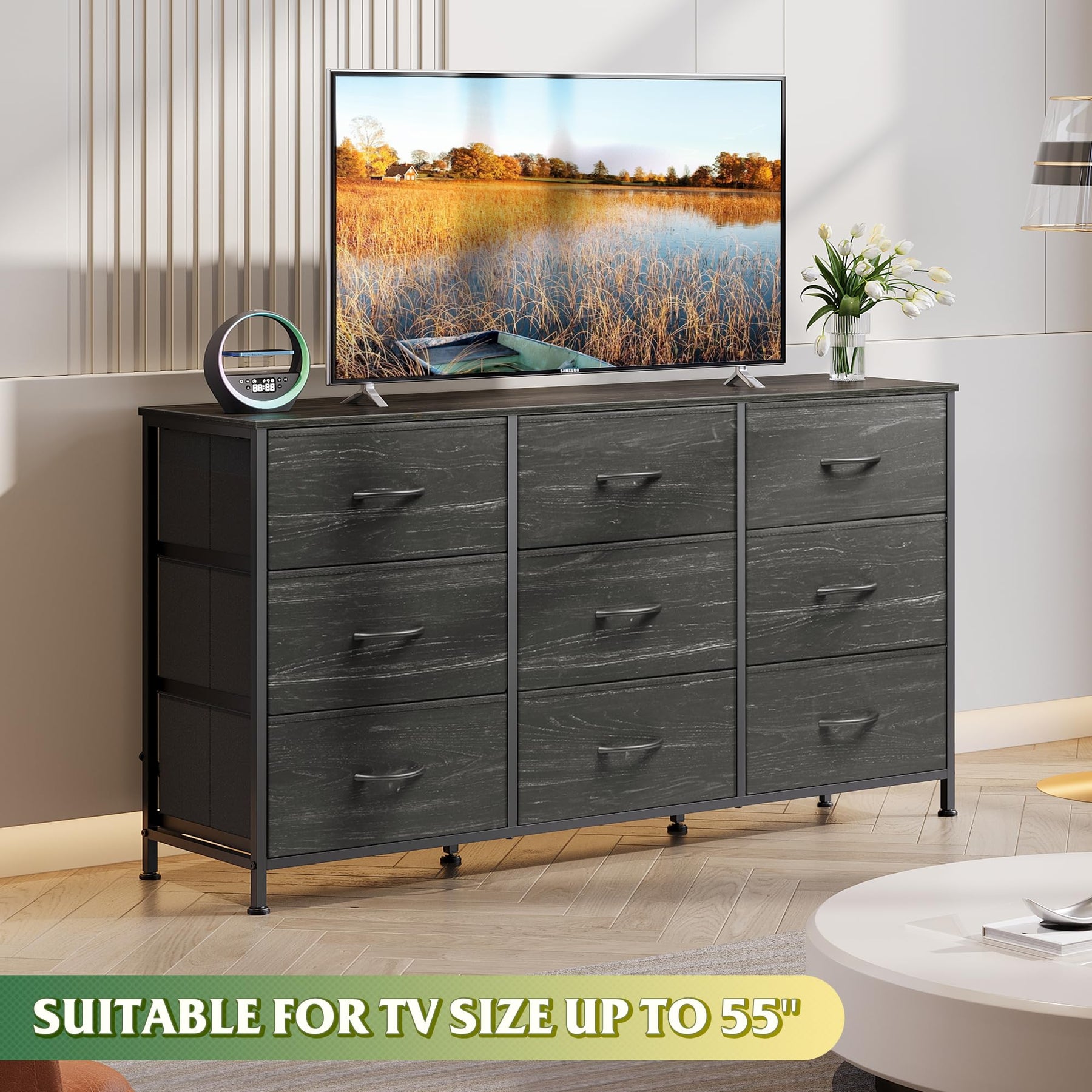 WLIVE Dresser TV Stand for 75 Inch TV, 9 Drawer Dresser for Bedroom, Black
