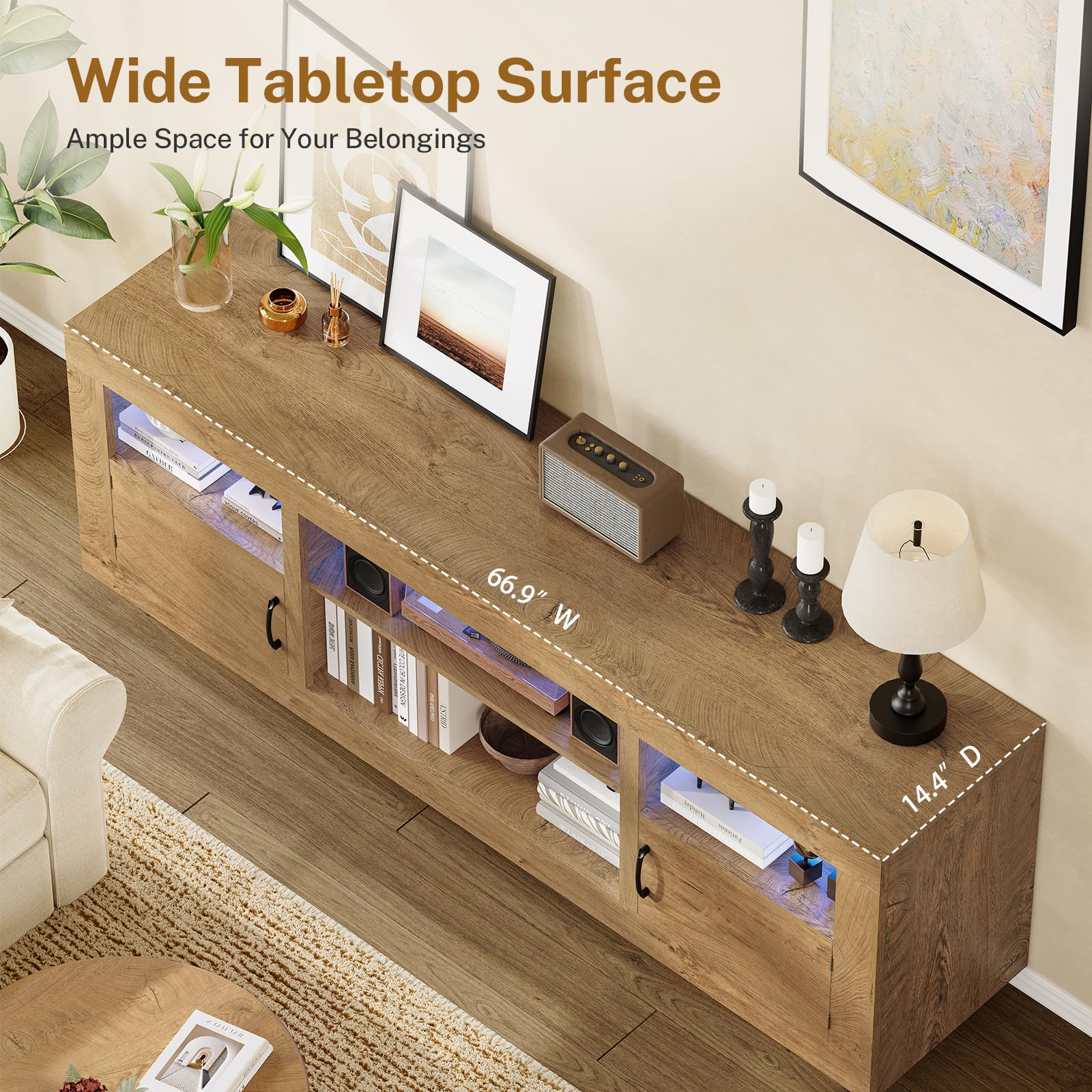 TEENFON 67" TV Stand for 75 inch TV, Entertainment Center with LED Lights | TV Console, Media Console Table with Open Storage & Side Cabinets, TV Stands for Living Room, Bedroom, Natural Knotty Oak