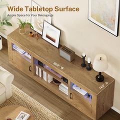 TEENFON 67" TV Stand for 75 inch TV, Entertainment Center with LED Lights | TV Console, Media Console Table with Open Storage & Side Cabinets, TV Stands for Living Room, Bedroom, Natural Knotty Oak