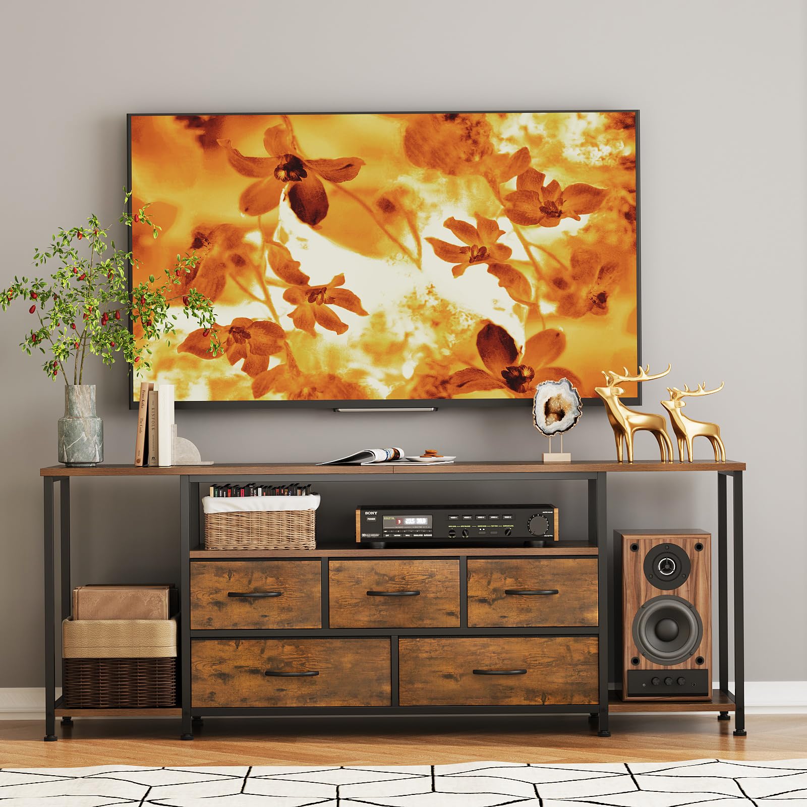 Welfuturer TV Stand for TVs Up to 75 Inch, Rustic Brown