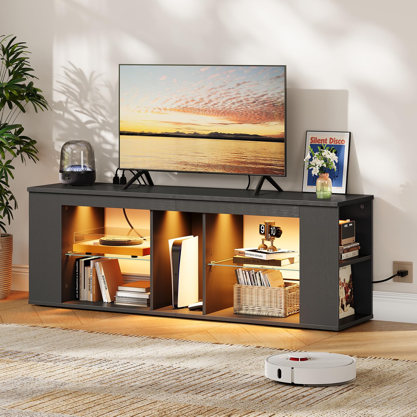 CHOEZON 55" TV Stand for up to 65" TVs with RGB LED Lights, Built-in Power Outlet, Adjustable Glass Shelves & Open Storage, Modern Media Console for Living Room & Game Room, Black MDS05UDBB