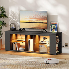 CHOEZON 55" TV Stand for up to 65" TVs with RGB LED Lights, Built-in Power Outlet, Adjustable Glass Shelves & Open Storage, Modern Media Console for Living Room & Game Room, Black MDS05UDBB