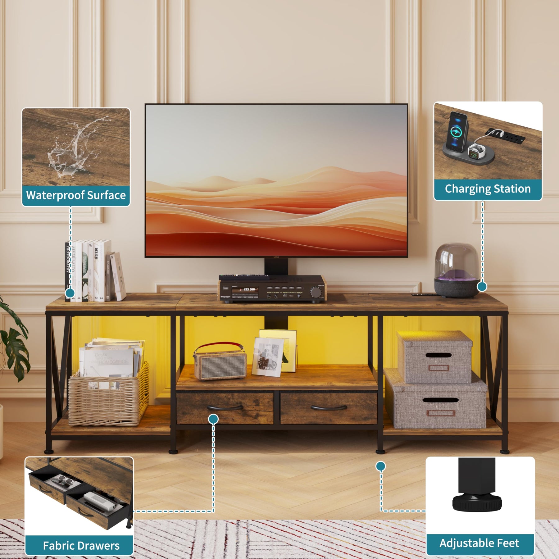 NinPeen 63" W TV Stand with Mount,LED & Charging Station for 55,65,75" TV