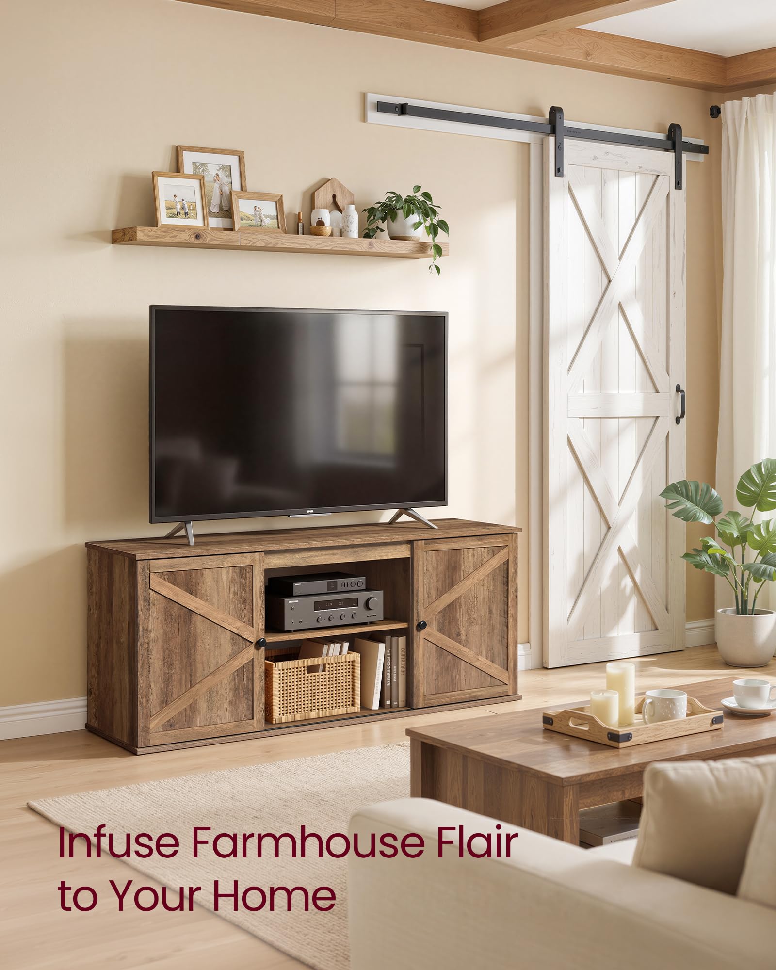 VASAGLE Farmhouse TV Stand for TVs up to 65 Inches, Entertainment Center with Storage Cabinets and Sliding Barn Doors, Media Console Table for Living Room, Honey Brown ULTV535K101