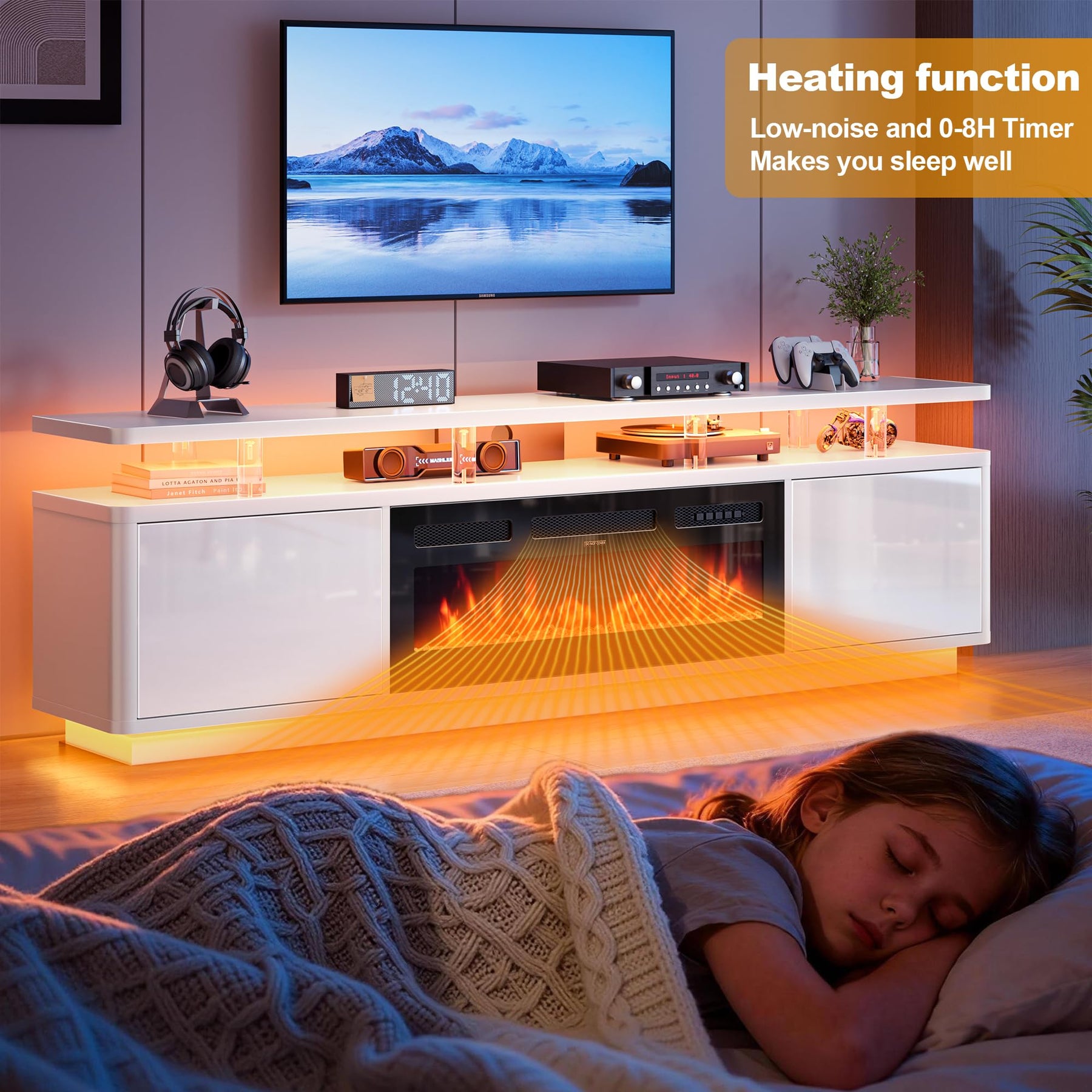 OneBlis 70" Fireplace TV Stand with Double LED Lights for TVs UP to 80", Electric Fireplace Entertainment Center with Storage Cabinets, TV Console for Living Room, Office, Black1