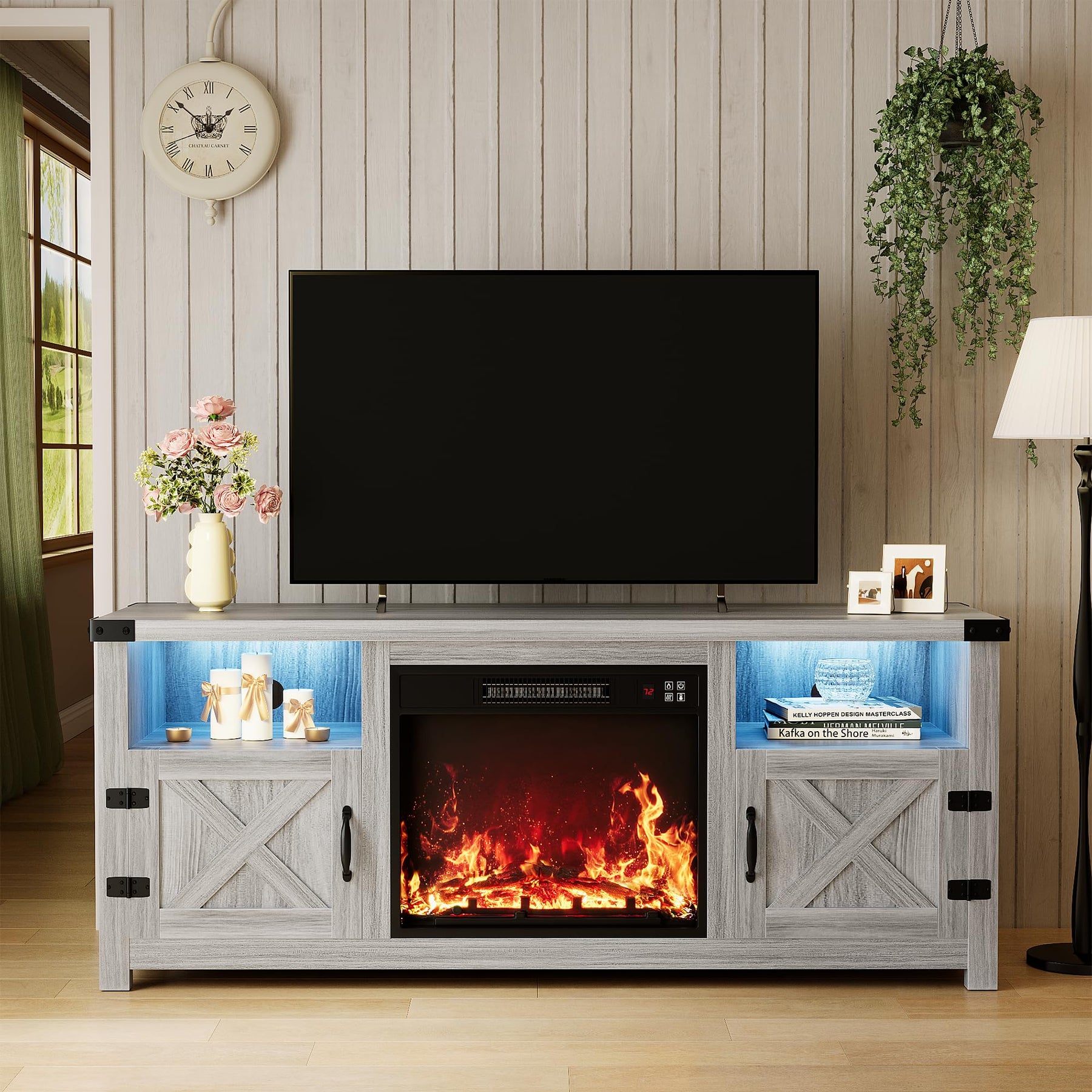 YESHOMY Modern Farmhouse TV Stand with Barn Door for 65 Inch TV, Gray Wash