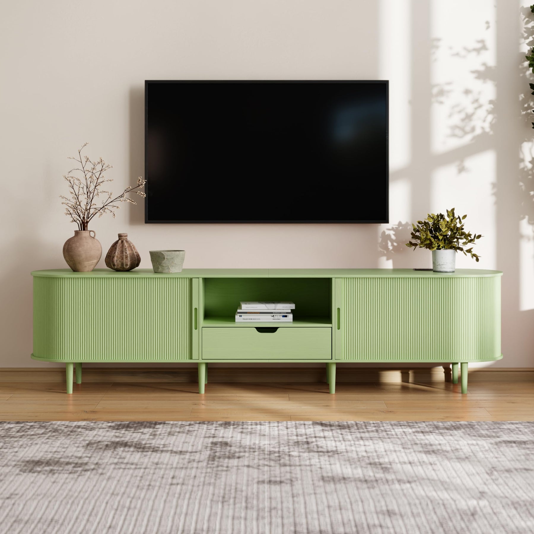 DHH 86.6" Fluted TV Stand with Power Outlet for TVs up to 90", TV Console with Adjustable Shelves and Sliding Door,Mid Century Modern Entertainment Center for Living Room,Bedroom (Walnut)