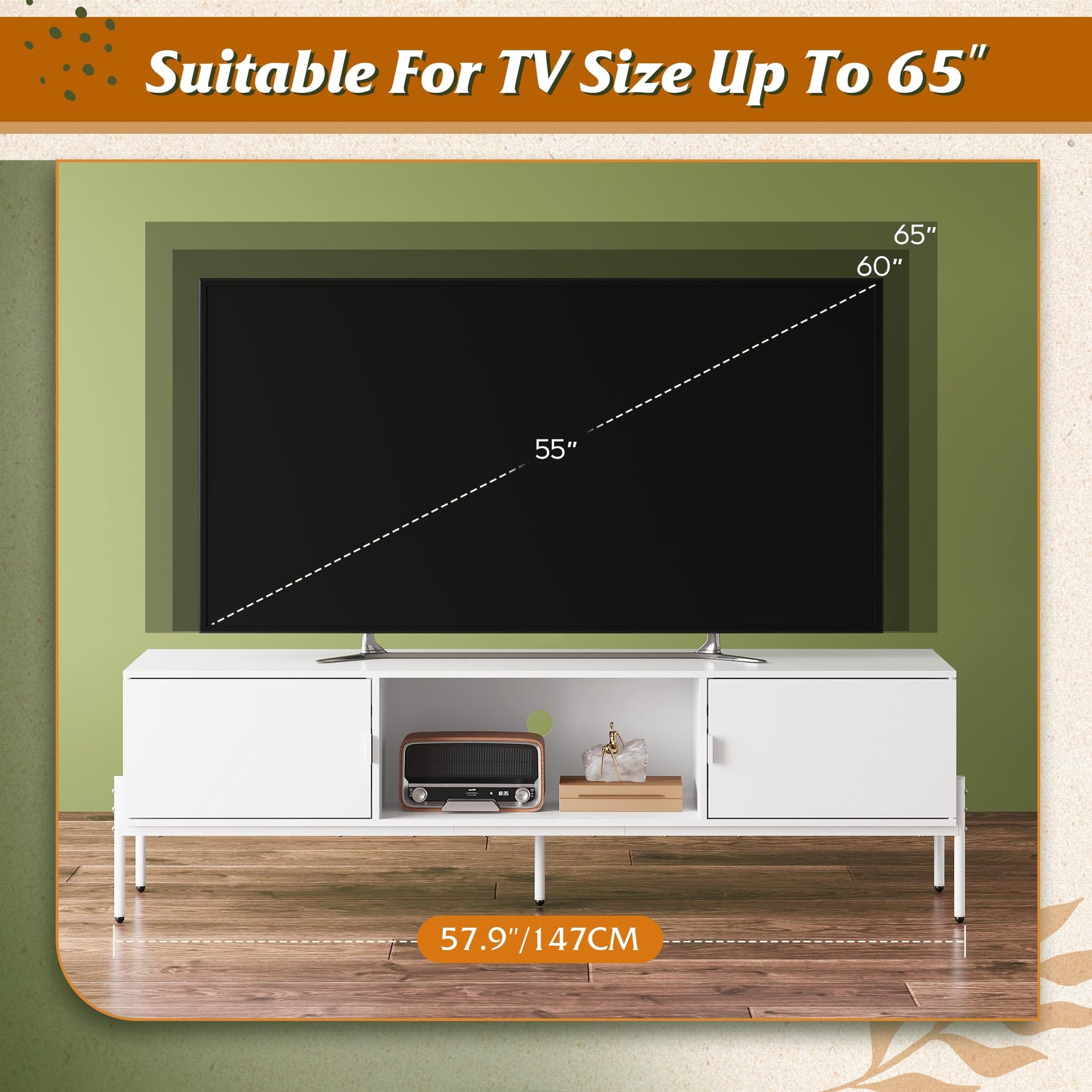 WLIVE 58" TV Stand for 65 Inch TVs, Mid Century Modern Entertainment Center with 2 Storage Cabinets & Open Shelf, Media Console Table with Metal Legs for Living Room, Bedroom, Rustic Brown