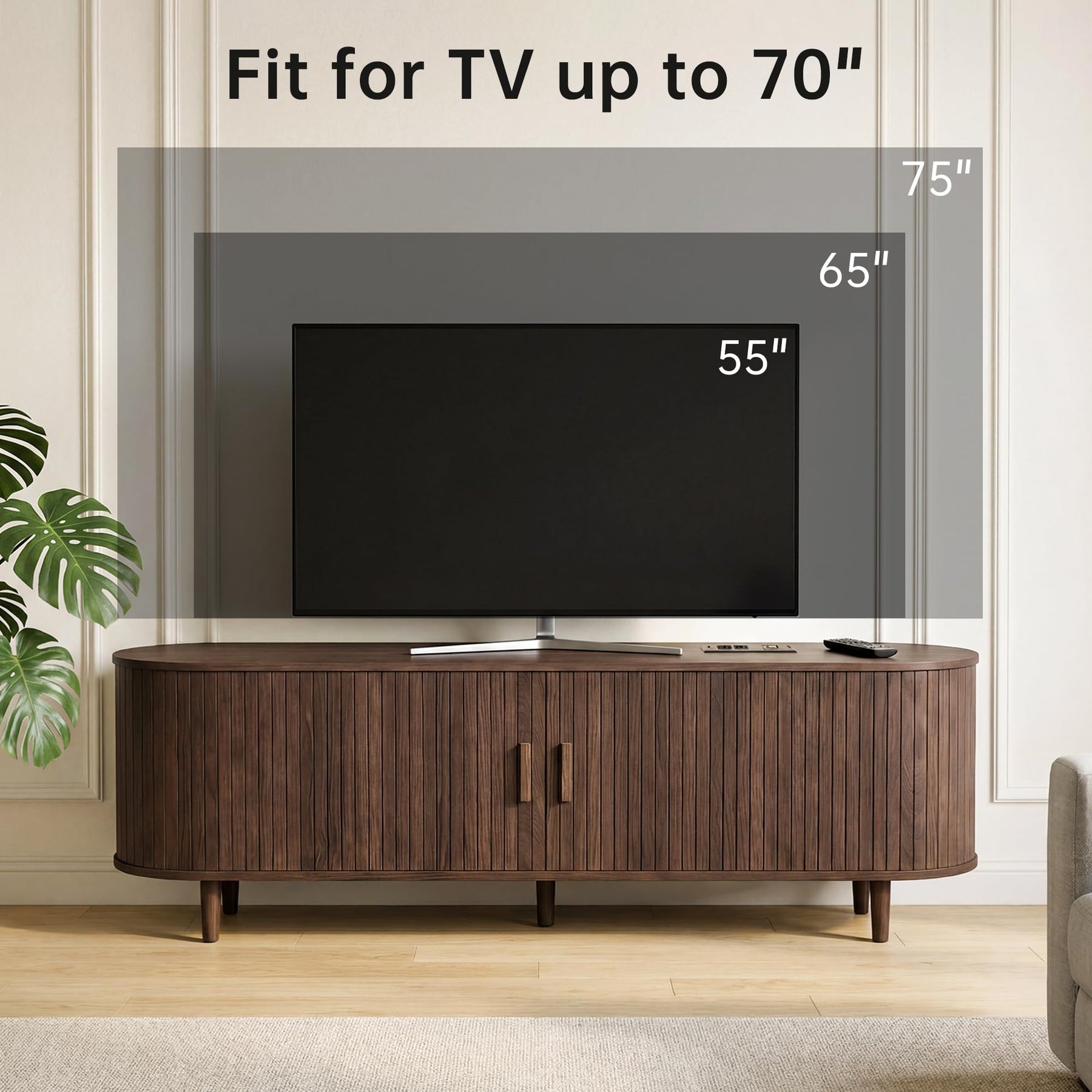 OneBlis 70" Mid Century Modern TV Stand, Wood TV Consoles with Sliding Doors and Power Outlet, Entertainment Center with Adjustable Shelves, Fluted TV Stands for Living Room, Walnut