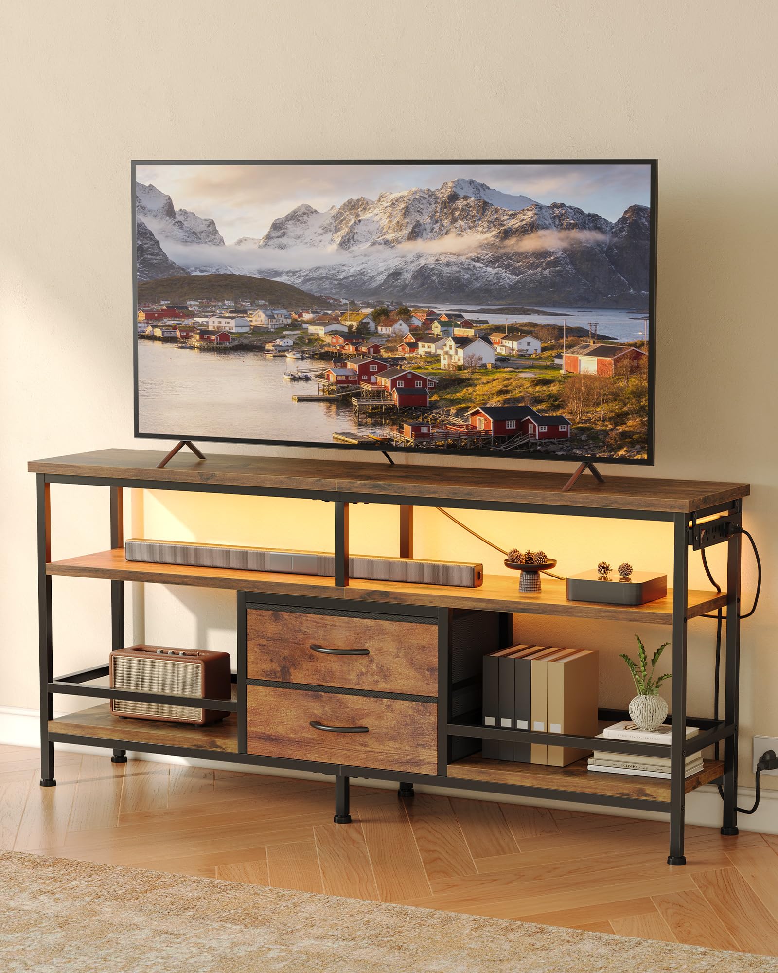 Lazzanto 63in TV Stand for 55-75in TVs, LED Lights, Charging Station, Black