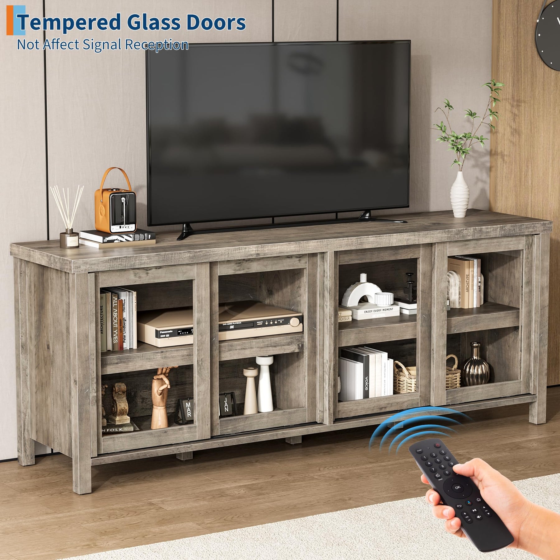 GAOMON TV Stand for 65" with Entertainment Center, Storage Cabinet, 4 Sliding Glass Doors, Mid Century Modern Media TV Console Table for Living Room Bedroom (Retro Brown)