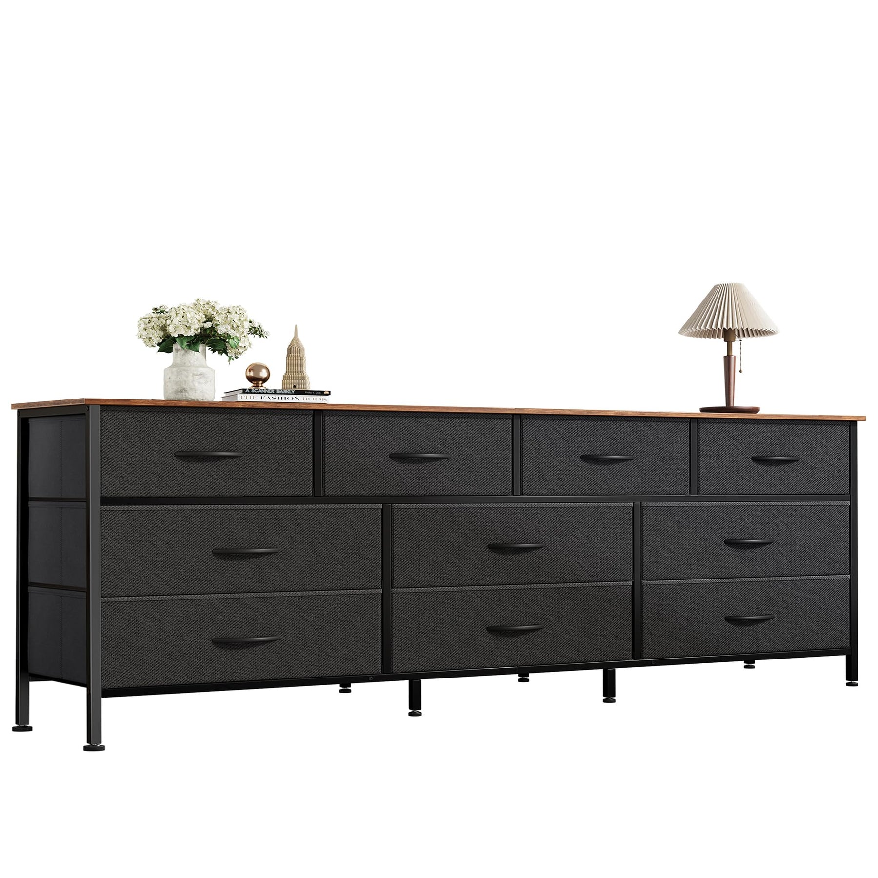 Huuger 63 Inch Dresser for Bedroom, Long Dresser with 10 Fabric Drawers, TV Stand for 55, 65, 70 Inch TV, Toy Storage Organizer for Closet, Rustic Brown