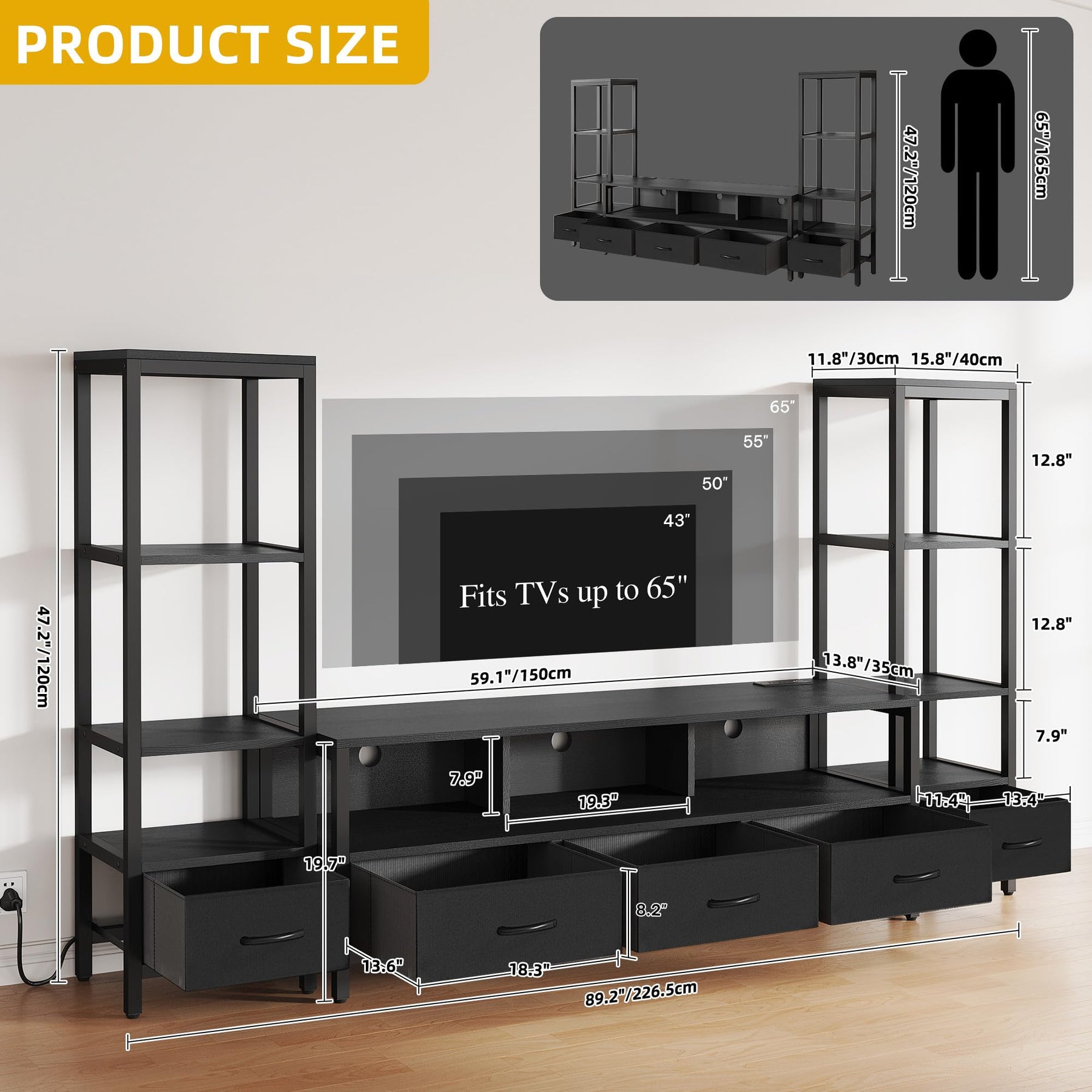 DWVO Industrial LED TV Stand for 65 Inch TVs, Entertainment Center with 2 4-Tier Bookshelves & Power Outlets, Media Console Table with 5 Drawers & Open Storage for Living Room, Grey