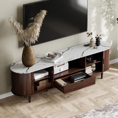 DHH 86.6" Fluted TV Stand with Power Outlet for TVs up to 90", TV Console with Adjustable Shelves and Sliding Door,Mid Century Modern Entertainment Center for Living Room,Bedroom (Walnut)