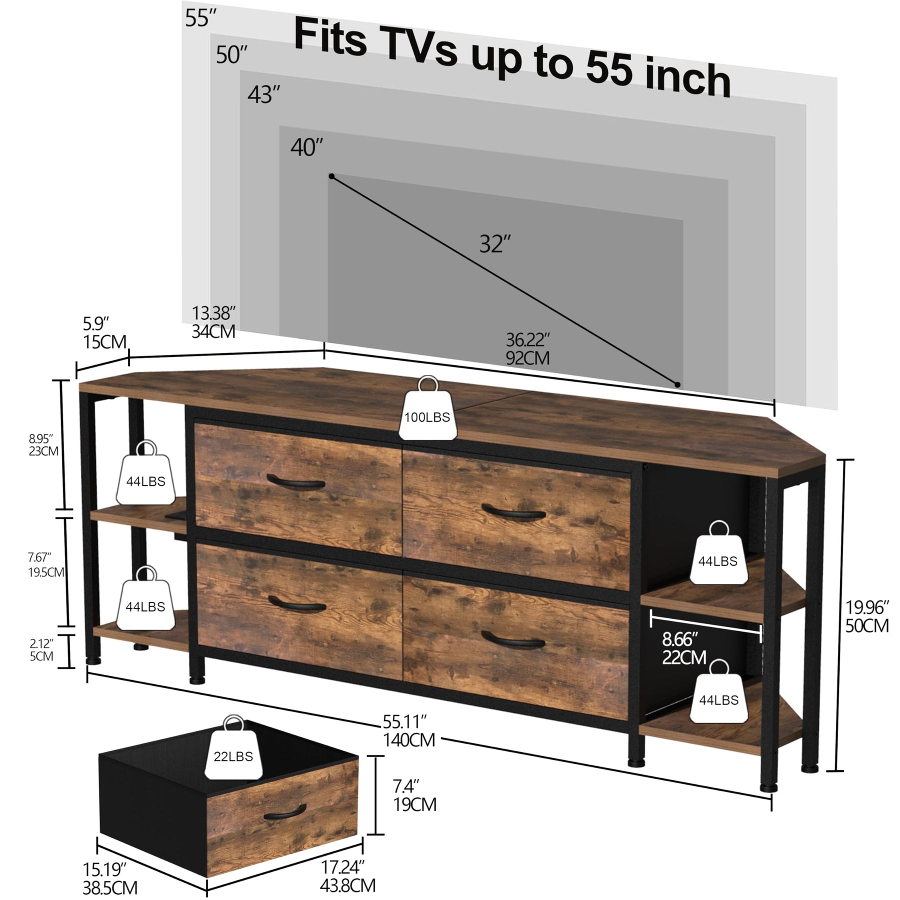EXOTICA Corner TV Stand for 55" TV with Drawer & Power Outlet, Brown