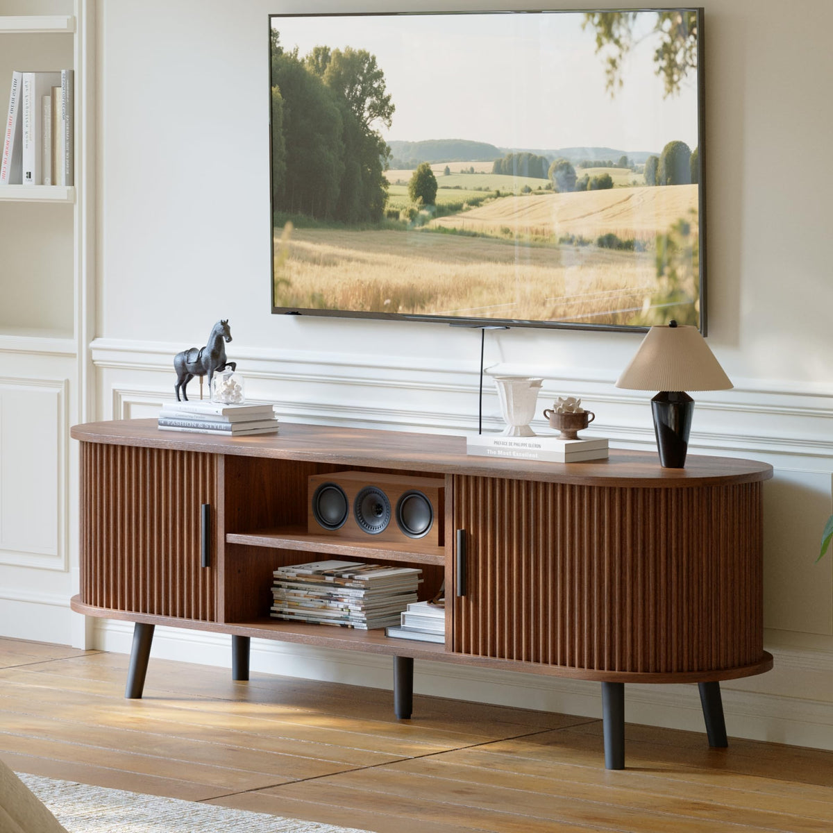 ChooChoo 54" Mid Century Modern TV Stand with Fluted Sliding Doors
