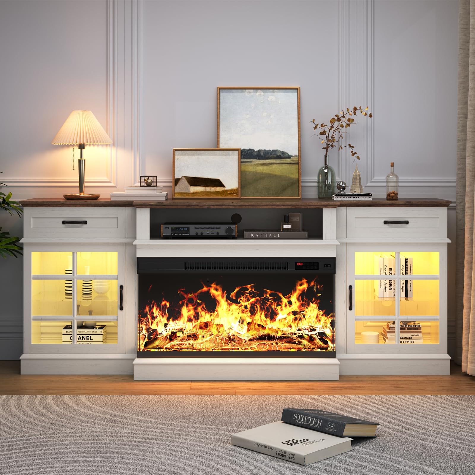MXV 70" Fireplace TV Stand, 3-Sided Glass Fireplace and Modern Entertainment Center, Wooden Media Console with Glass Doors & Storage Drawers, LED Light, for Living Room, Antique White