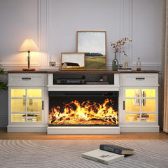 MXV 70" Fireplace TV Stand, 3-Sided Glass Fireplace and Modern Entertainment Center, Wooden Media Console with Glass Doors & Storage Drawers, LED Light, for Living Room, Antique White