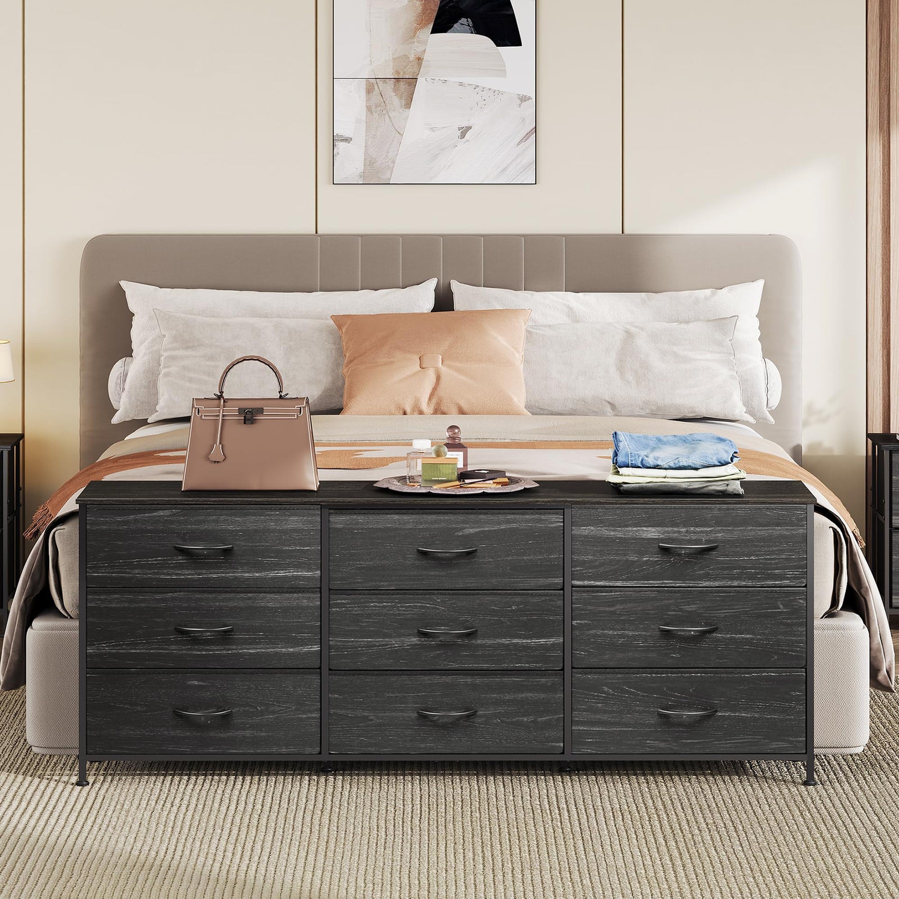 WLIVE Dresser TV Stand for 75 Inch TV, 9 Drawer Dresser for Bedroom, Black