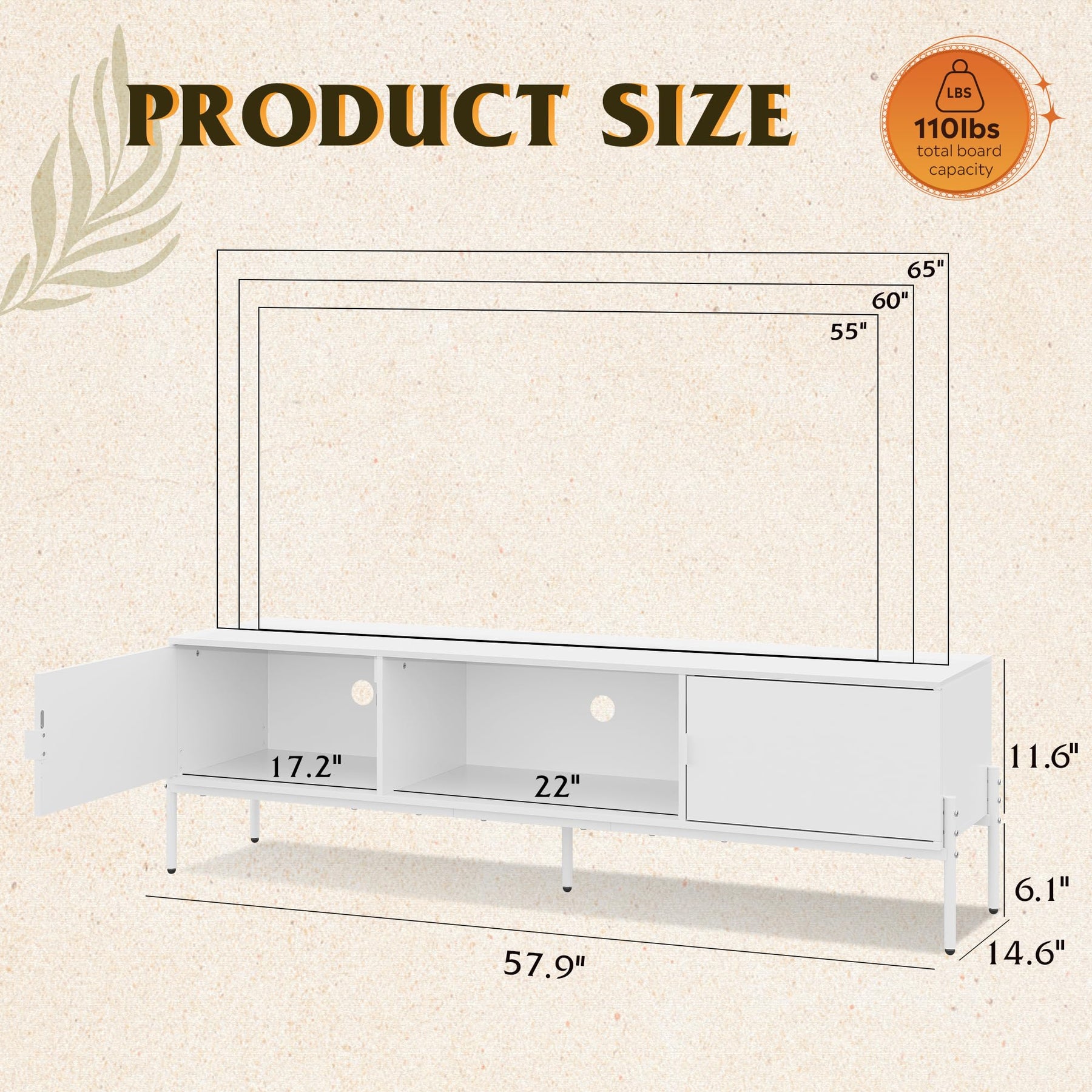 WLIVE 58" TV Stand for 65 Inch TVs, Mid Century Modern Entertainment Center with 2 Storage Cabinets & Open Shelf, Media Console Table with Metal Legs for Living Room, Bedroom, Rustic Brown