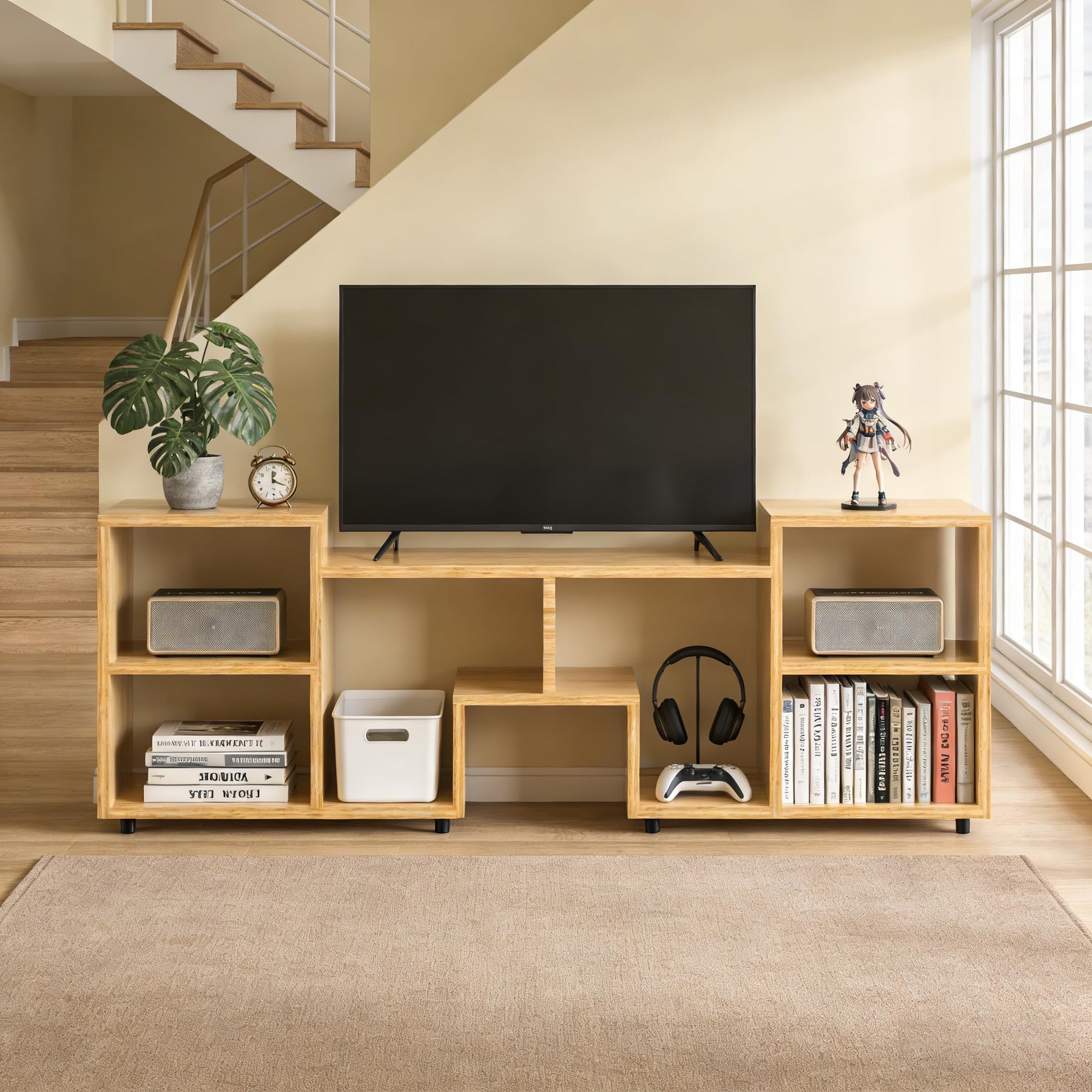 ACOHOOK Walnut 60" Mid-Century TV Stand with Storage Open Shelf