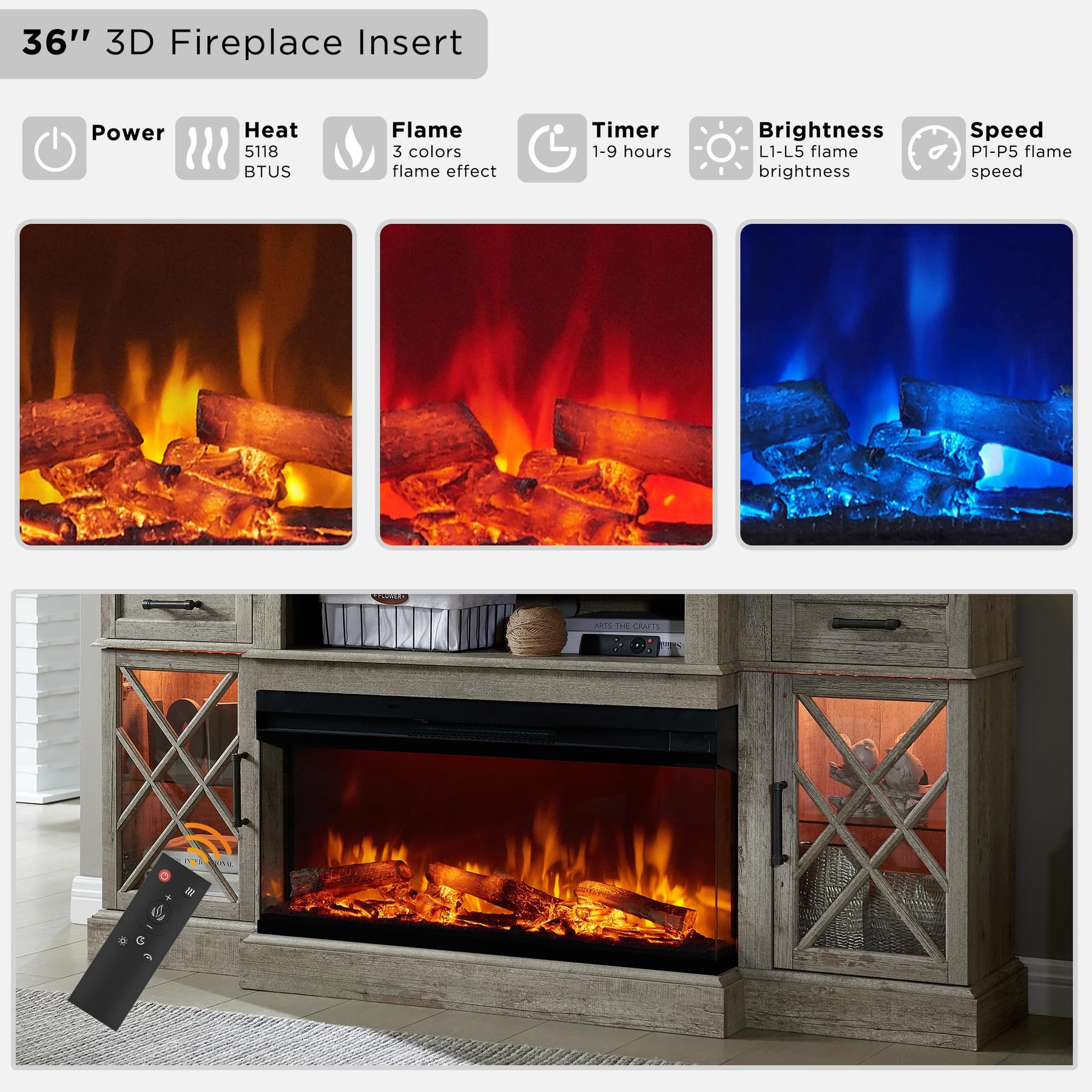 OKD 3-Sided Glass Farmhouse Electric Fireplace TV Stand for TVs up to 80'', Highboy Entertainment Center with Glass Door Storage Cabinet, 70'' Large TV Stands with 36'' Fireplace, Antique White