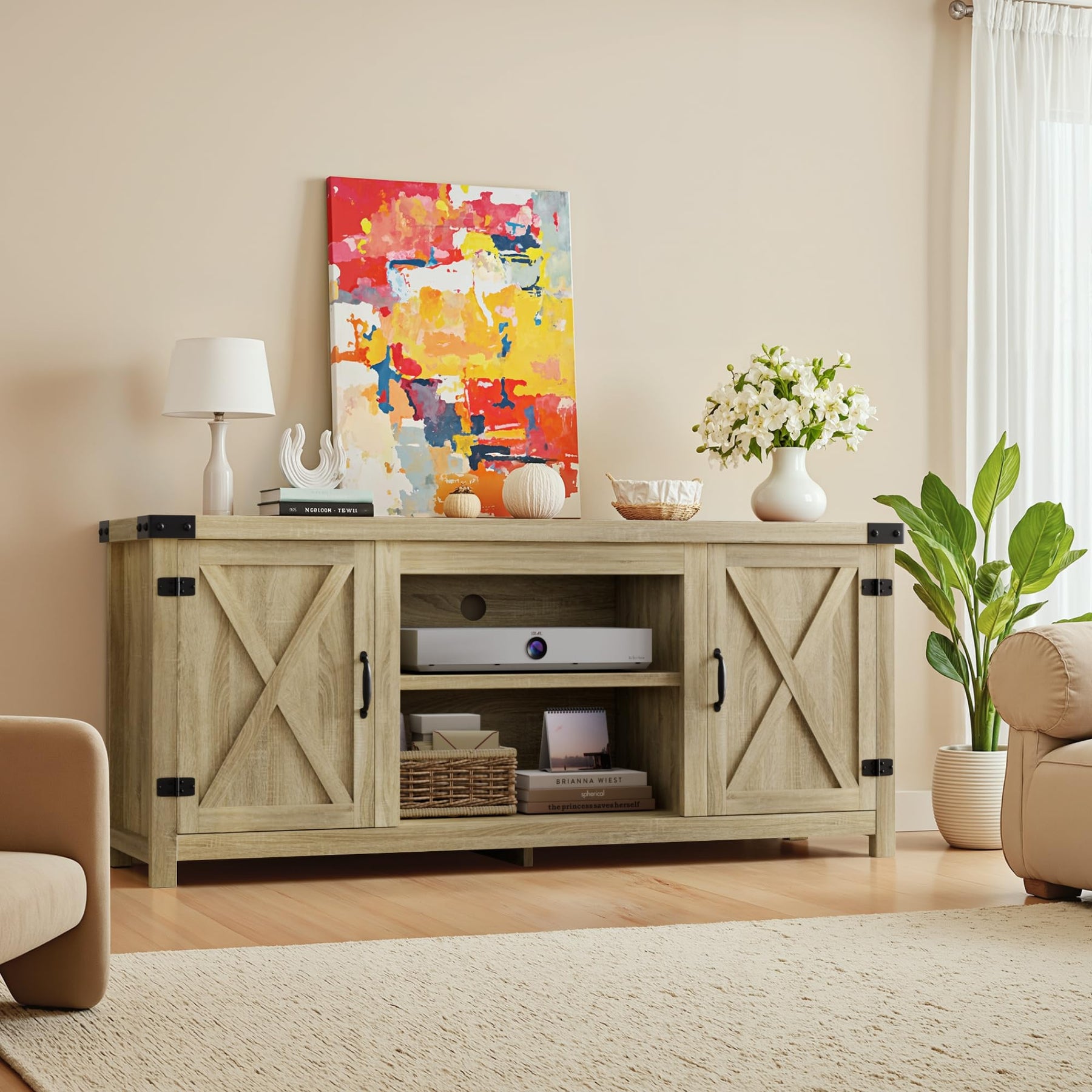 YESHOMY Modern Farmhouse TV Stand with Barn Door for 65 Inch TV, Gray Wash