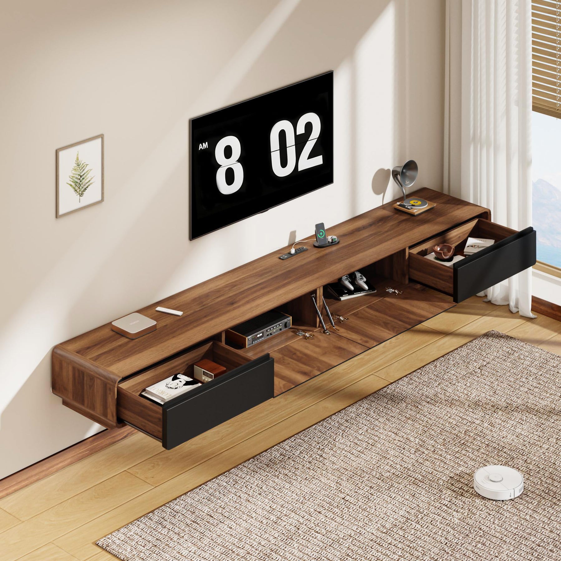 CayugaCrekrd 102.4'' Minimalist Floating TV Stand with Power Outlet, Modern Wall-Mounted Entertainment Center for TVs up to 100 Inches, Media Console with Rounded-Corner Design, Walnut and Black