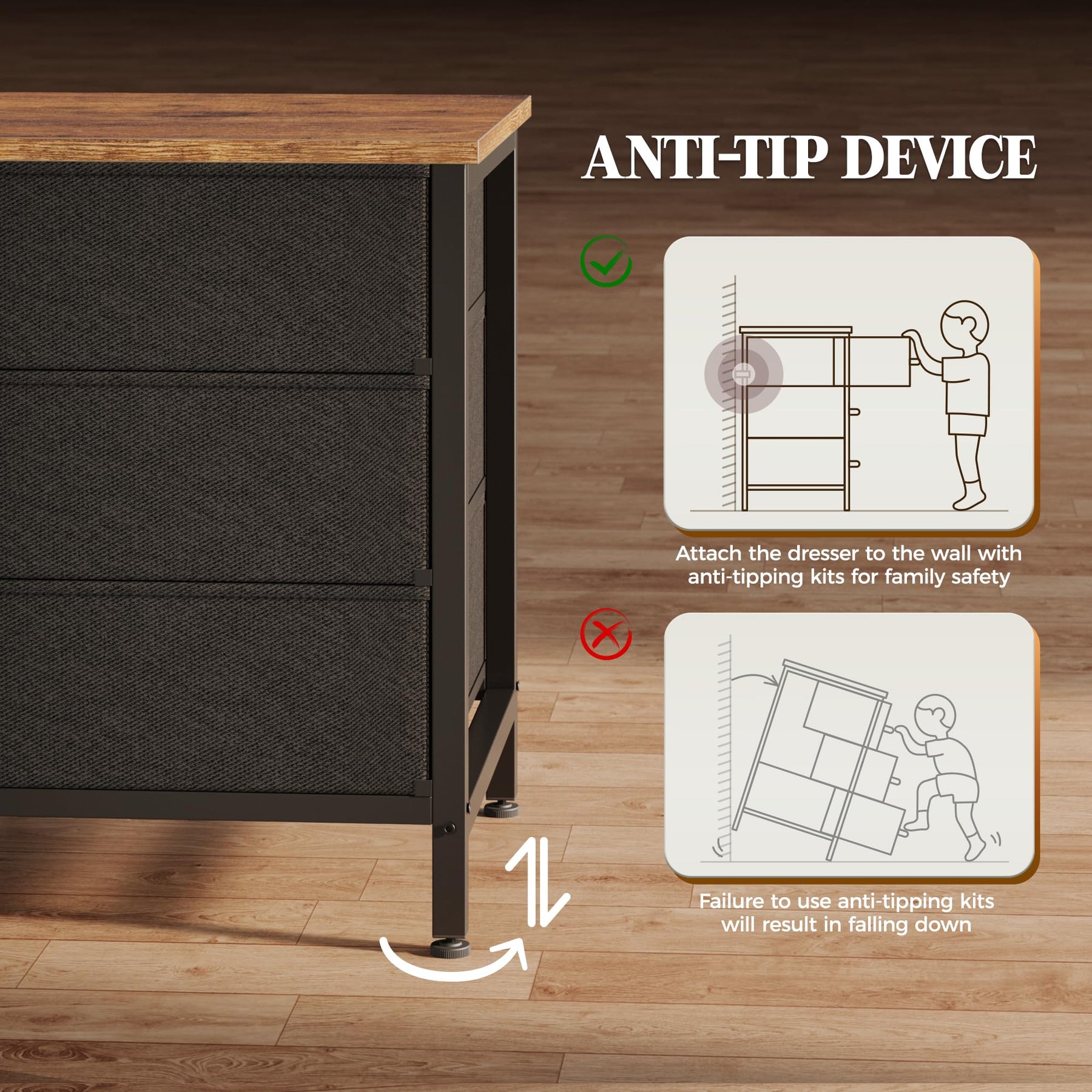 Huuger 63 Inch Dresser for Bedroom, Long Dresser with 10 Fabric Drawers, TV Stand for 55, 65, 70 Inch TV, Toy Storage Organizer for Closet, Rustic Brown