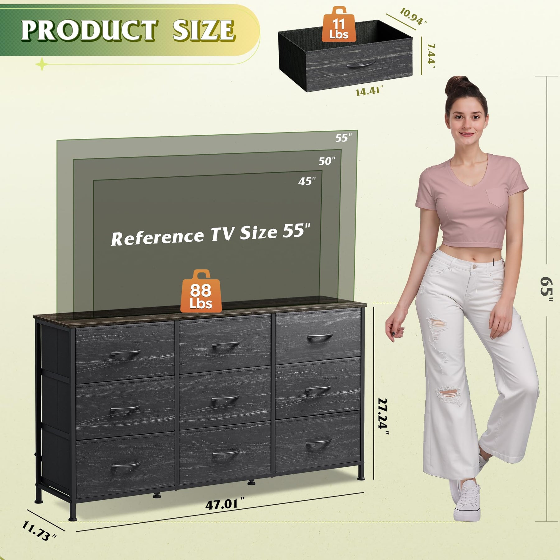 WLIVE Dresser TV Stand for 75 Inch TV, 9 Drawer Dresser for Bedroom, Black