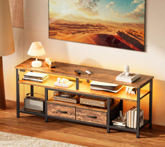 Huuger 63 Inch LED TV Stand for 65 70 Inch TV, Entertainment Center with Open Shelves and Power Outlets, TV Console for Living Room, Media Console with Drawers, Black