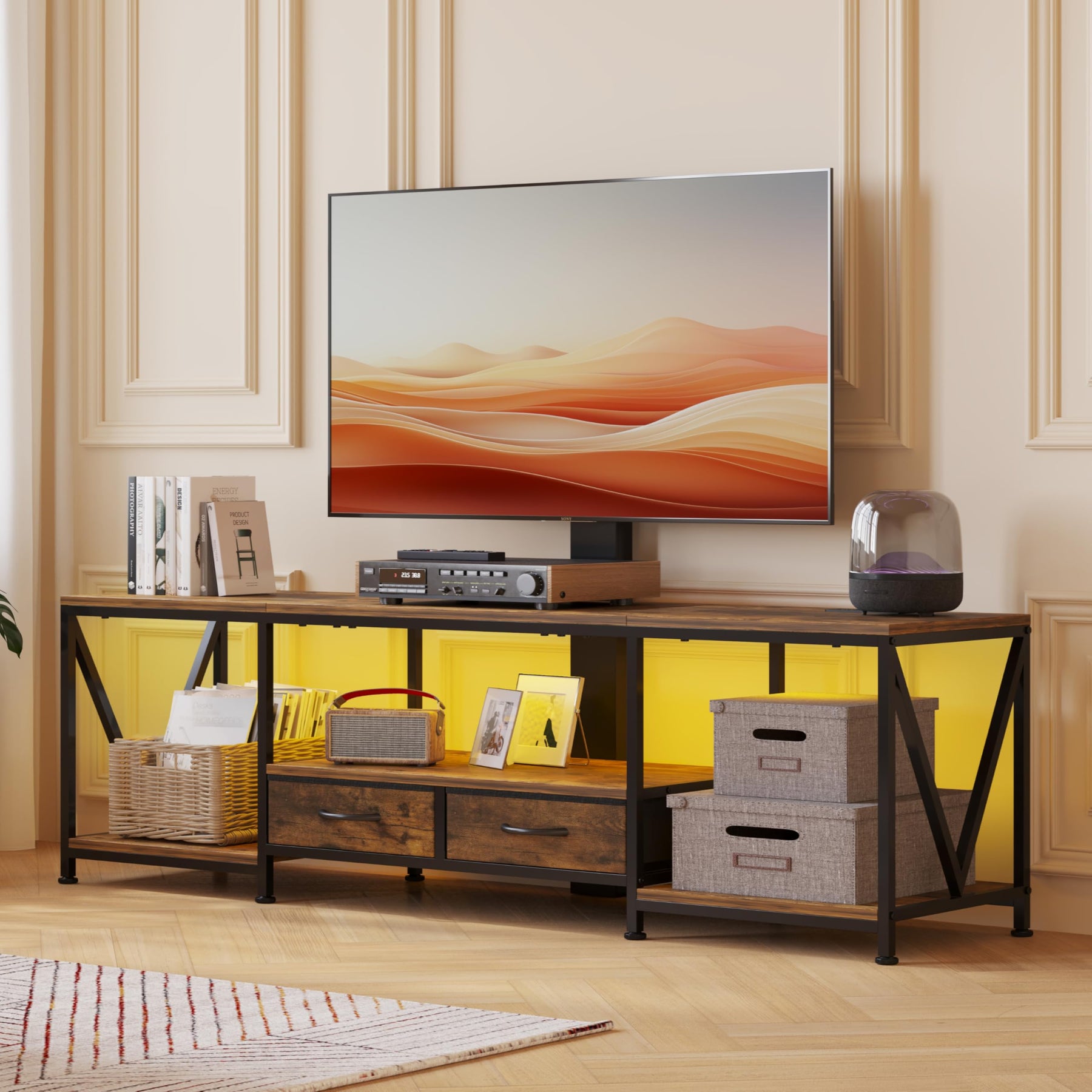 NinPeen 63" W TV Stand with Mount,LED & Charging Station for 55,65,75" TV