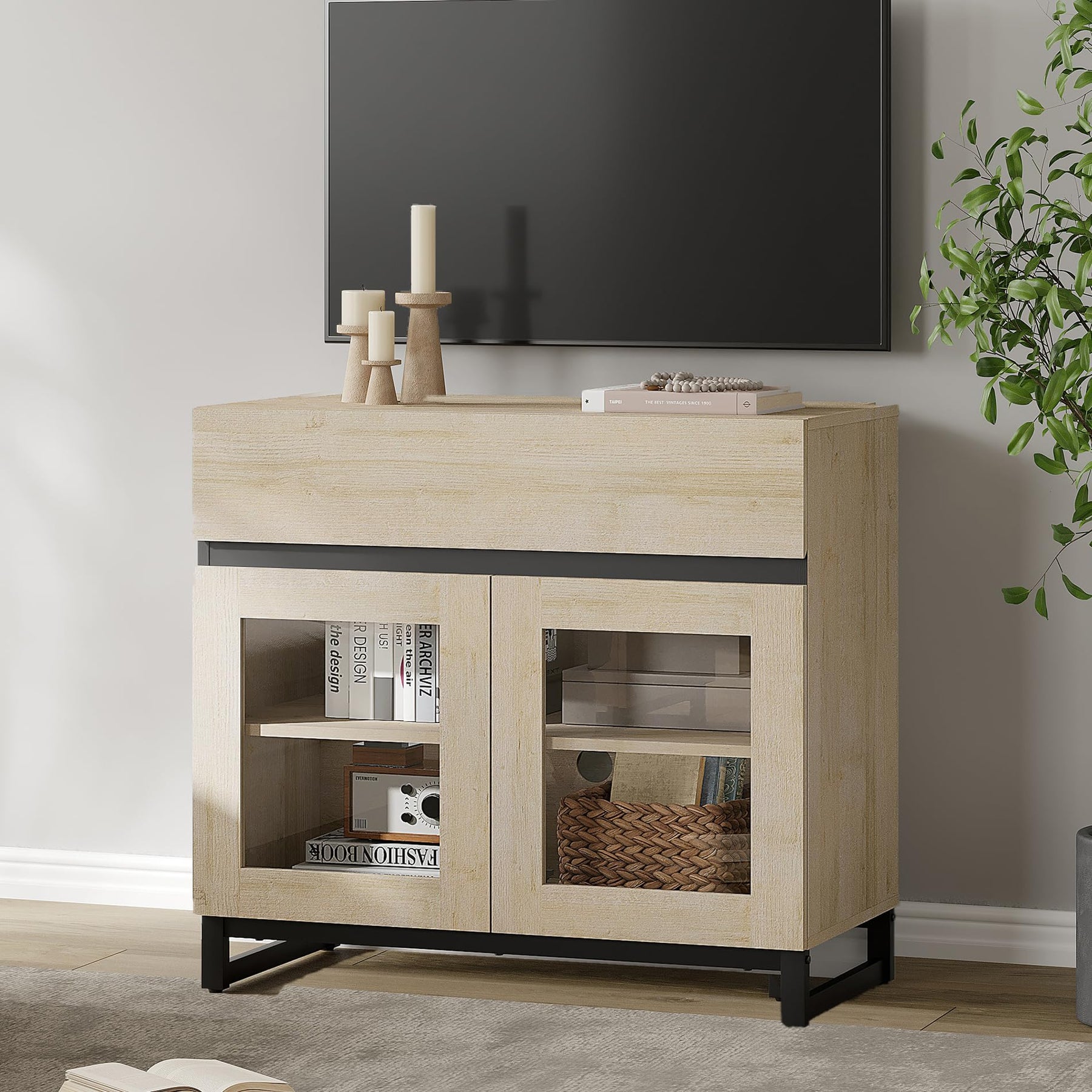 WAMPAT Modern TV Stand with Glass Doors for 80-120 inch TVs, 4 in 1 Entertainment Center Console with 4 Drawers and Metal Base for Living Room, Bedroom, Brown