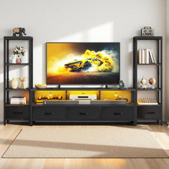 DWVO Industrial LED TV Stand for 65 Inch TVs, Entertainment Center with 2 4-Tier Bookshelves & Power Outlets, Media Console Table with 5 Drawers & Open Storage for Living Room, Grey