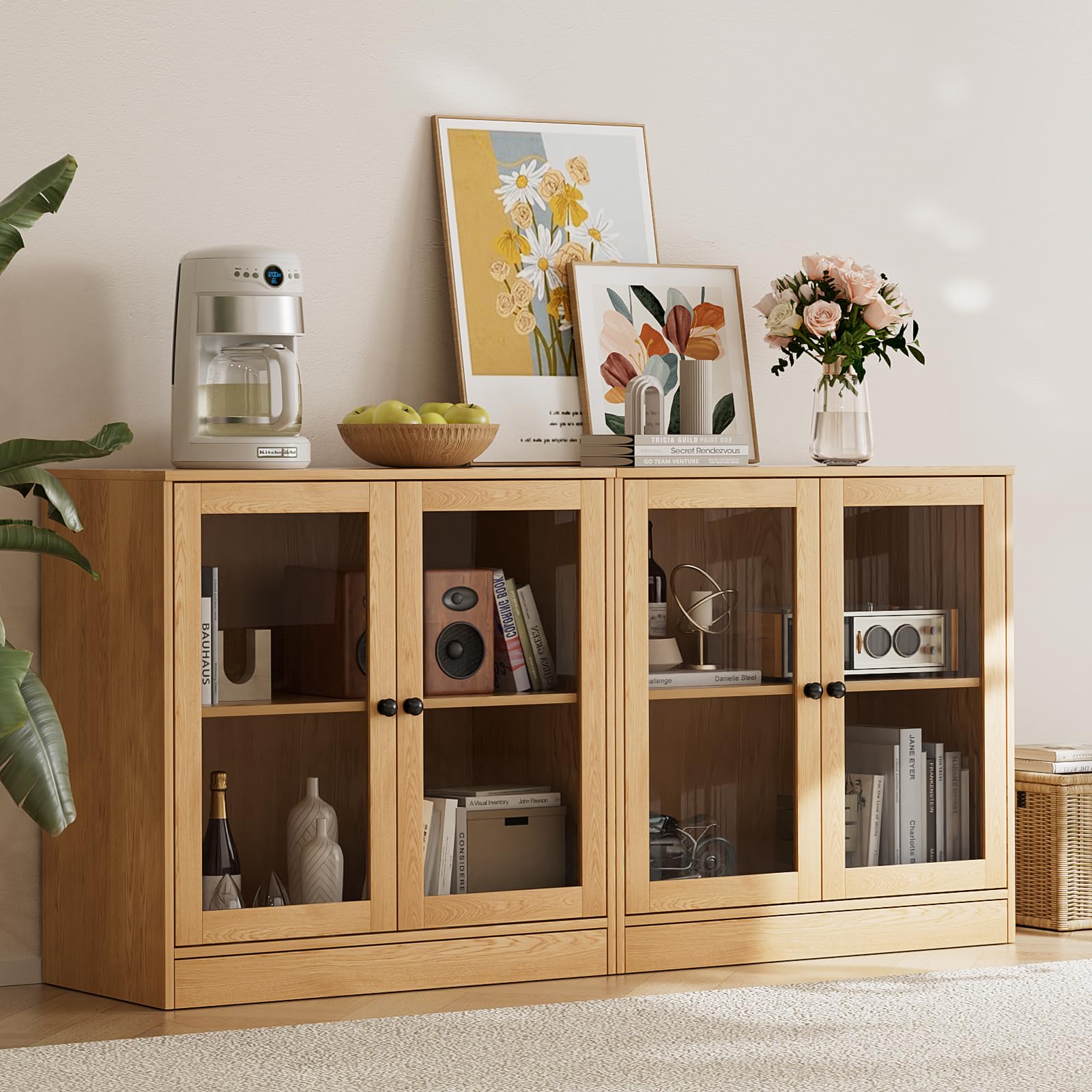TUSY 71" Large TV Stand Set - TV Entertainment Center for TVs up to 65", Media Center with Tempered Glass Doors and Drawer, TV Hutch with Bookshelves for Living Room (White, BDDB)