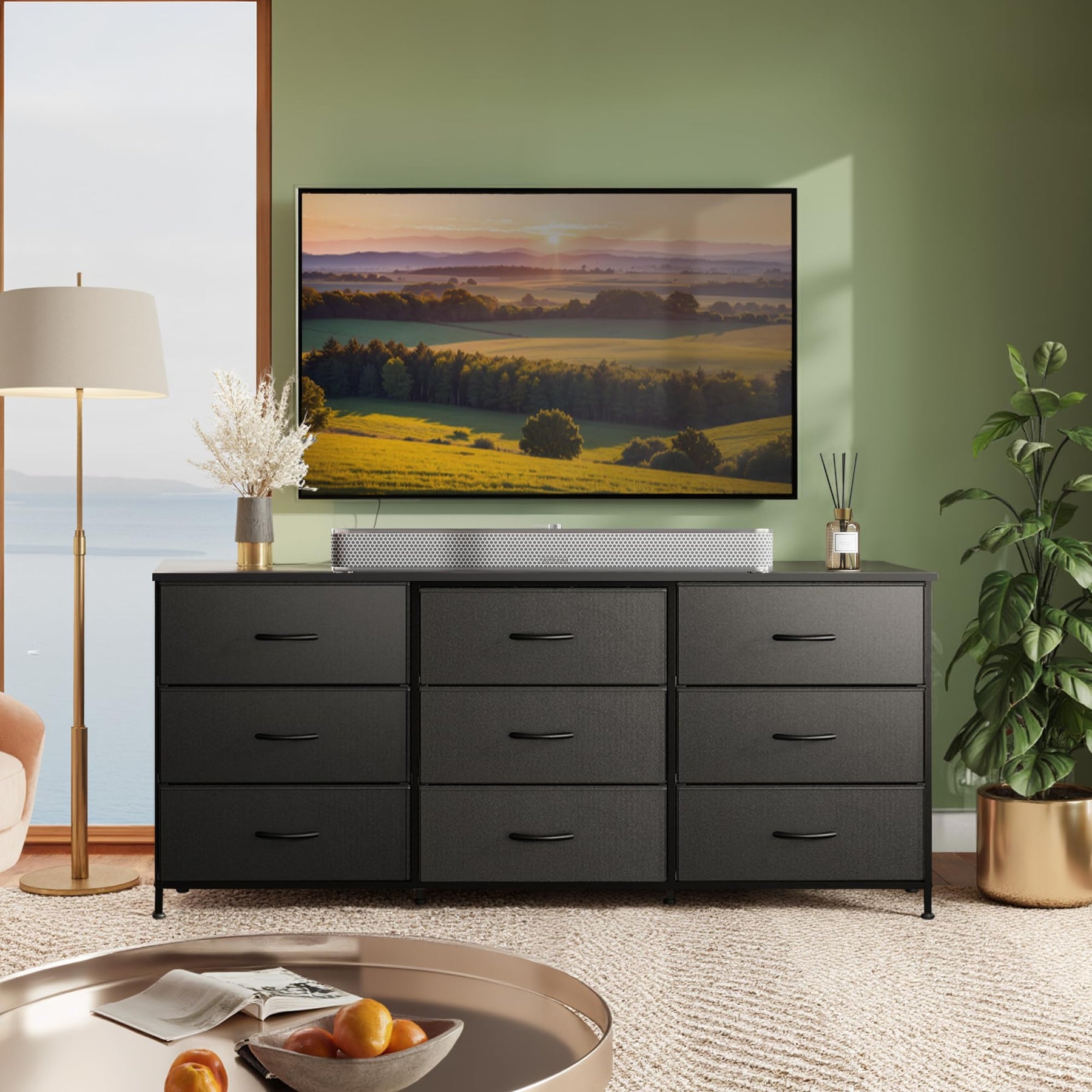 WLIVE Dresser TV Stand for 75 Inch TV, 9 Drawer Dresser for Bedroom, Black