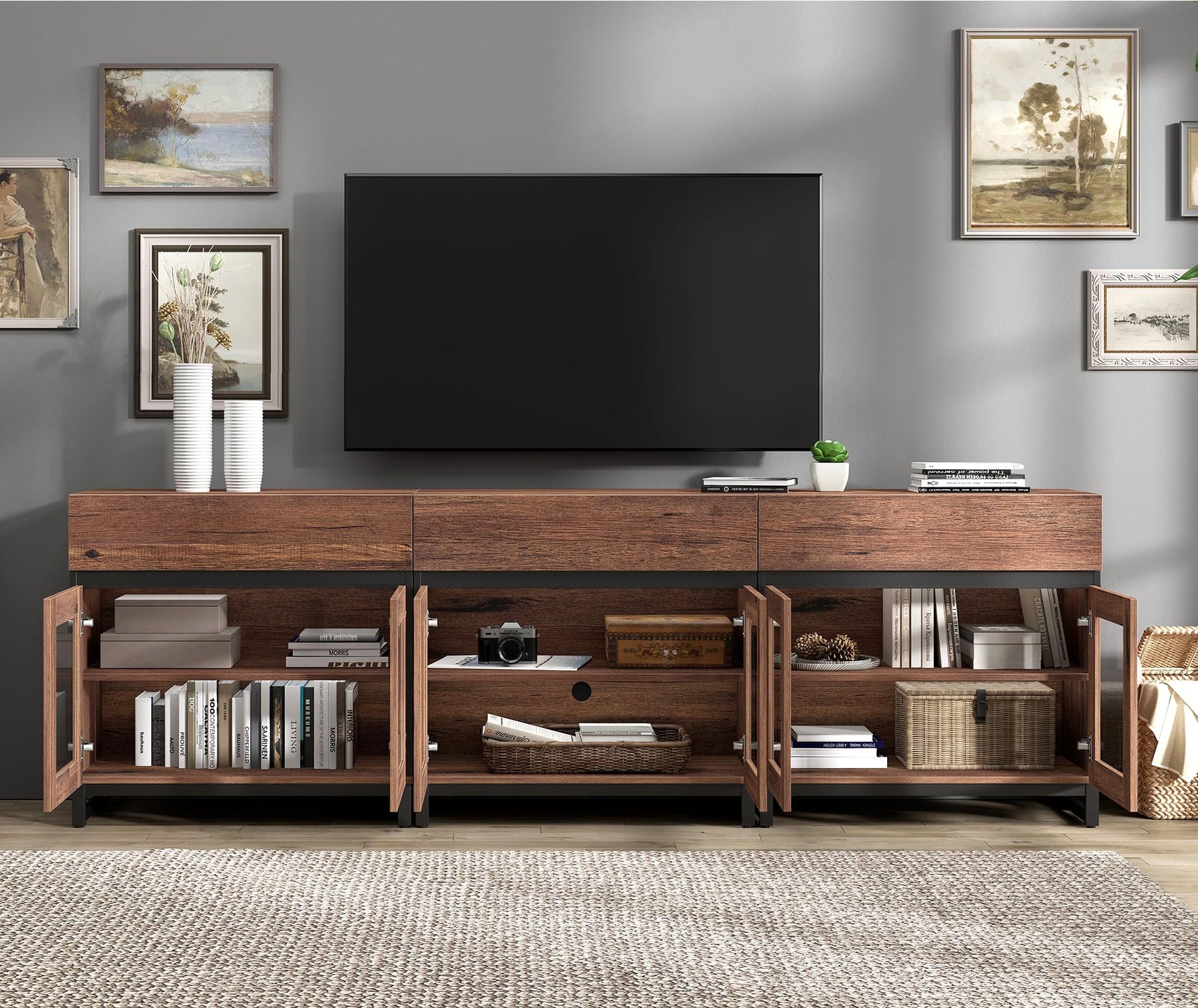 WAMPAT Modern TV Stand with Glass Doors for 80-120 inch TVs, 4 in 1 Entertainment Center Console with 4 Drawers and Metal Base for Living Room, Bedroom, Brown