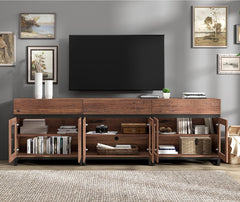 WAMPAT Modern TV Stand with Glass Doors for 80-120 inch TVs, 4 in 1 Entertainment Center Console with 4 Drawers and Metal Base for Living Room, Bedroom, Brown