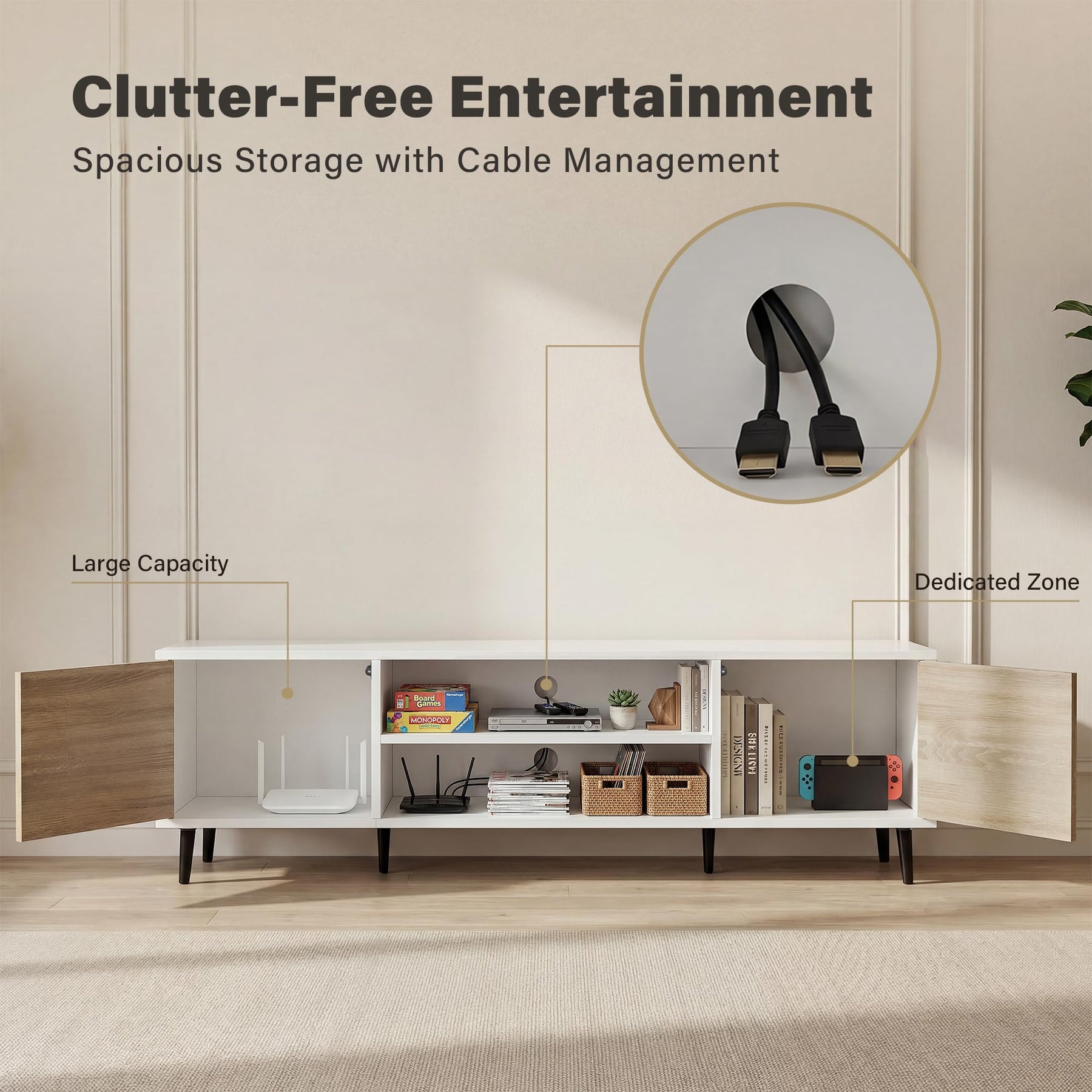 YESHOMY Mid-Century Modern TV Stand, 58 Inch, Light Grey