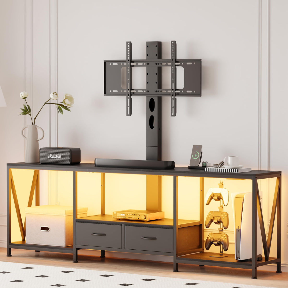 NinPeen 63" W TV Stand with Mount,LED & Charging Station for 55,65,75" TV