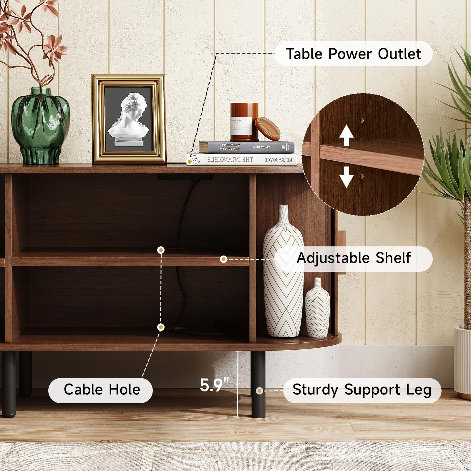 ONBRILL 70.8" TV Stand with Power Outlet for TVs up to 75 Inch, Entertainment Center with Storage and Adjustable Shelves, Modern Media Console with Sliding Doors for Living Room, Walnut