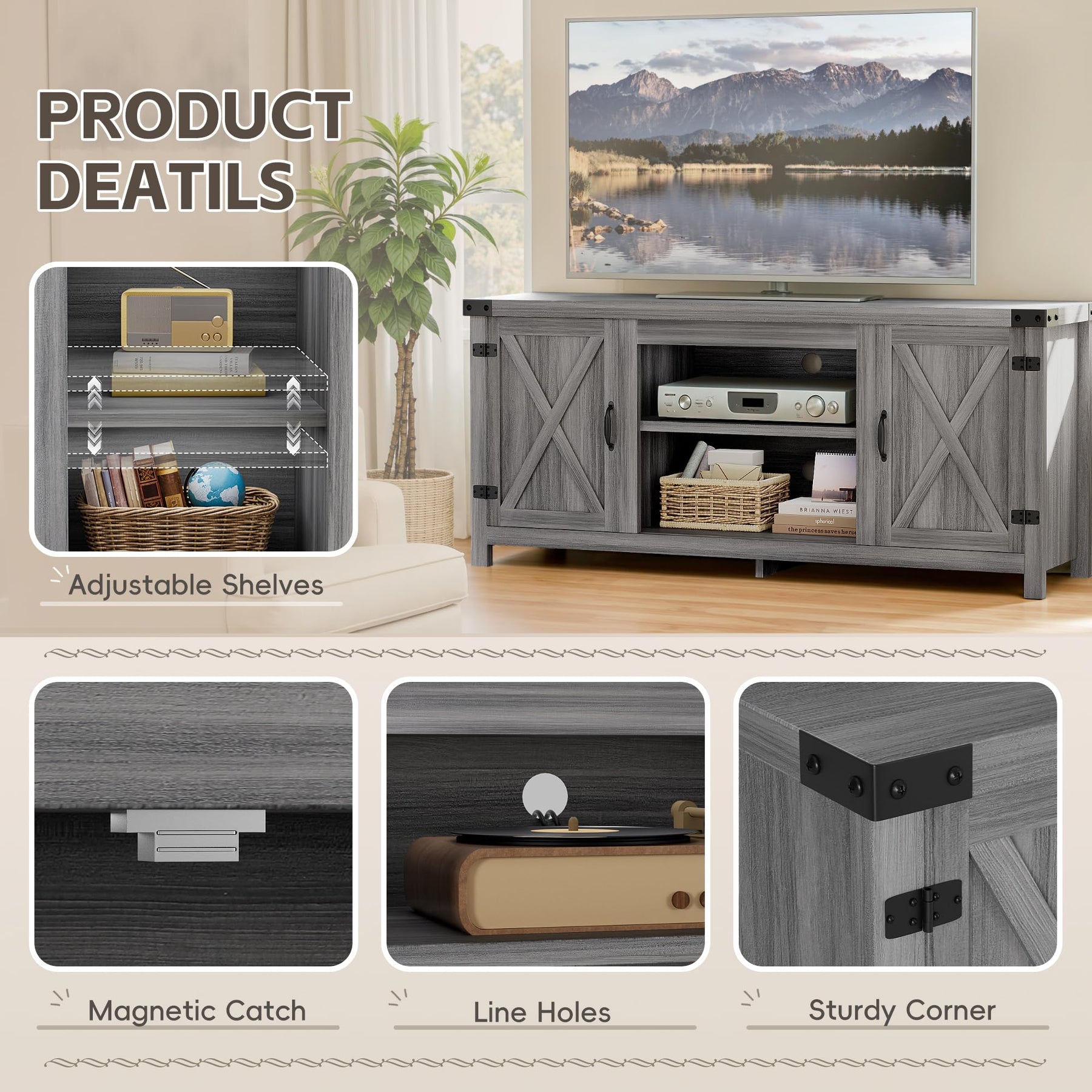 YESHOMY Modern Farmhouse TV Stand with Barn Door for 65 Inch TV, Gray Wash