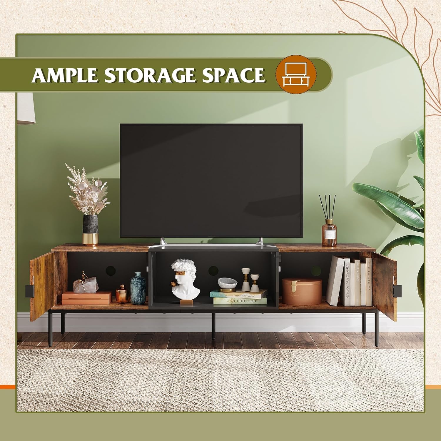 WLIVE 58" TV Stand for 65 Inch TVs, Mid Century Modern Entertainment Center with 2 Storage Cabinets & Open Shelf, Media Console Table with Metal Legs for Living Room, Bedroom, Rustic Brown