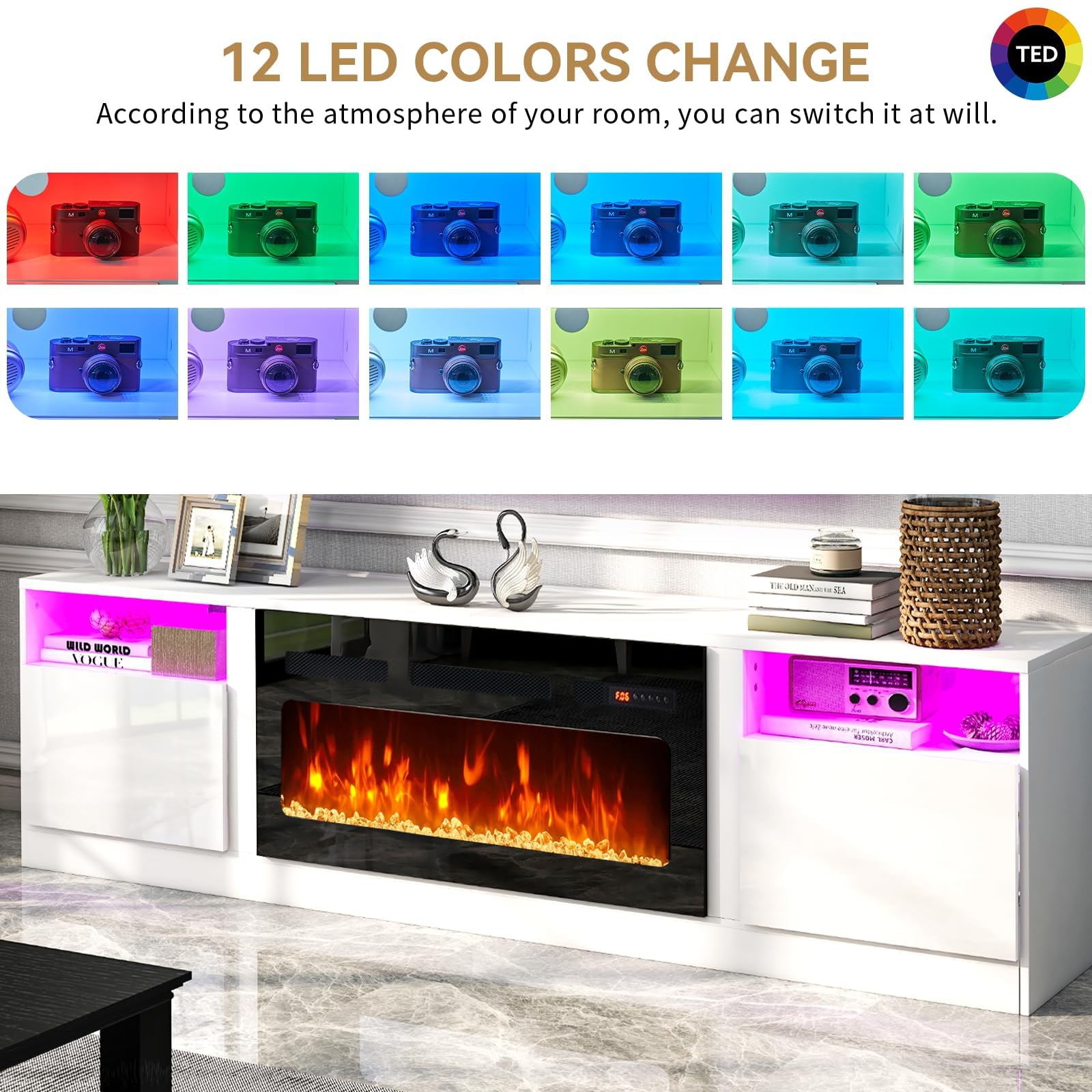 oneinmil Fireplace TV Stand with 36" Electric Fireplace, LED Light Entertainment Center, Modern Wood Texture Entertainment Stand with Highlight Storage Cabinet for TVs Up to 80", 70 inches, Black