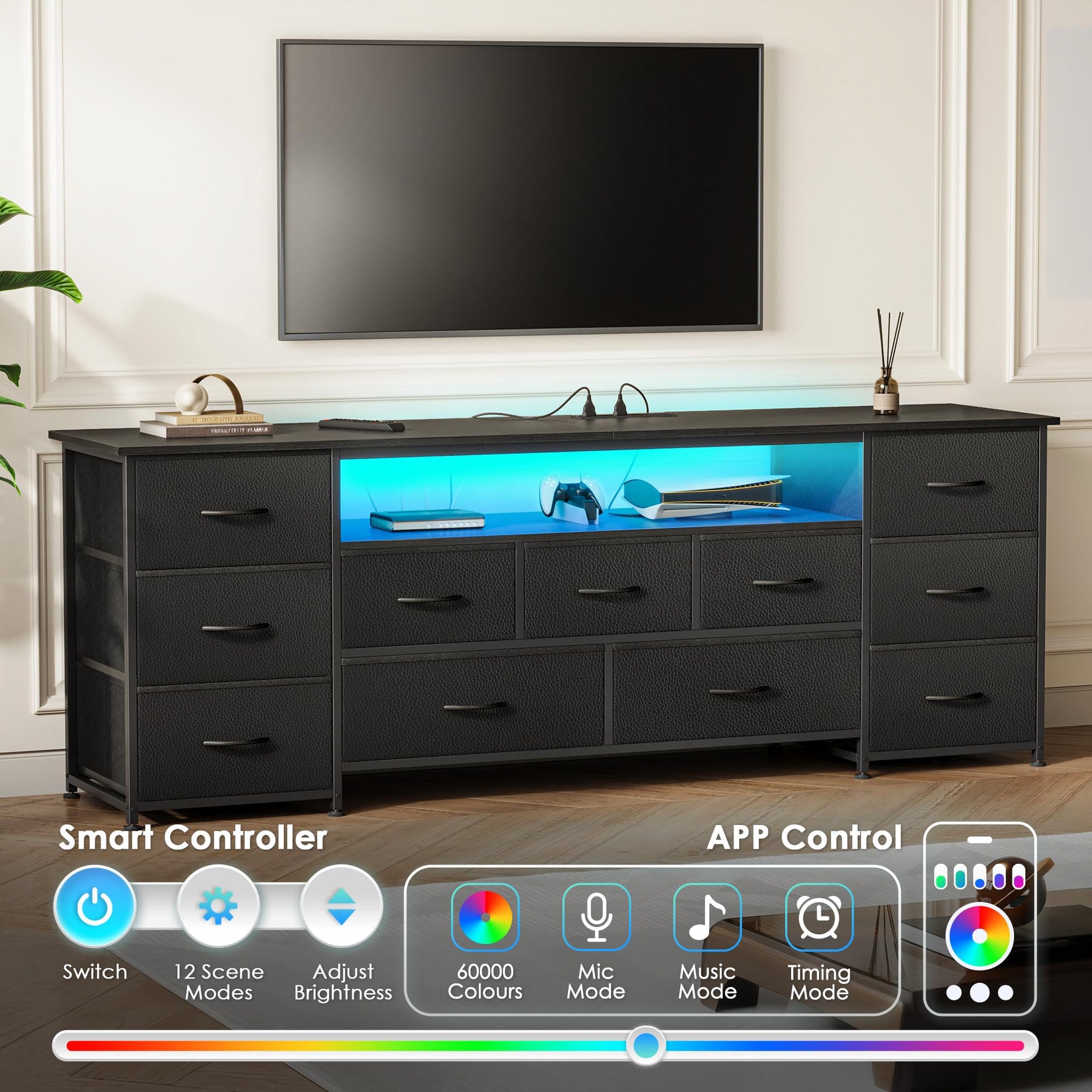 Huuger 63 Inch TV Stand for 65, 70 Inch TV, 11 Drawer Long Dresser with Power Outlets and LED Lights, Entertainment Center with Storage, Black Dresser with PU Leather Surface