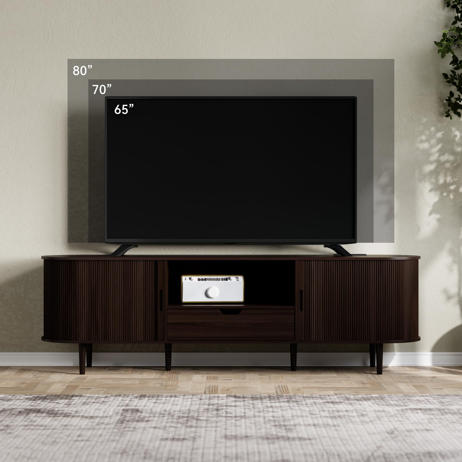 DHH 86.6" Fluted TV Stand with Power Outlet for TVs up to 90", TV Console with Adjustable Shelves and Sliding Door,Mid Century Modern Entertainment Center for Living Room,Bedroom (Walnut)